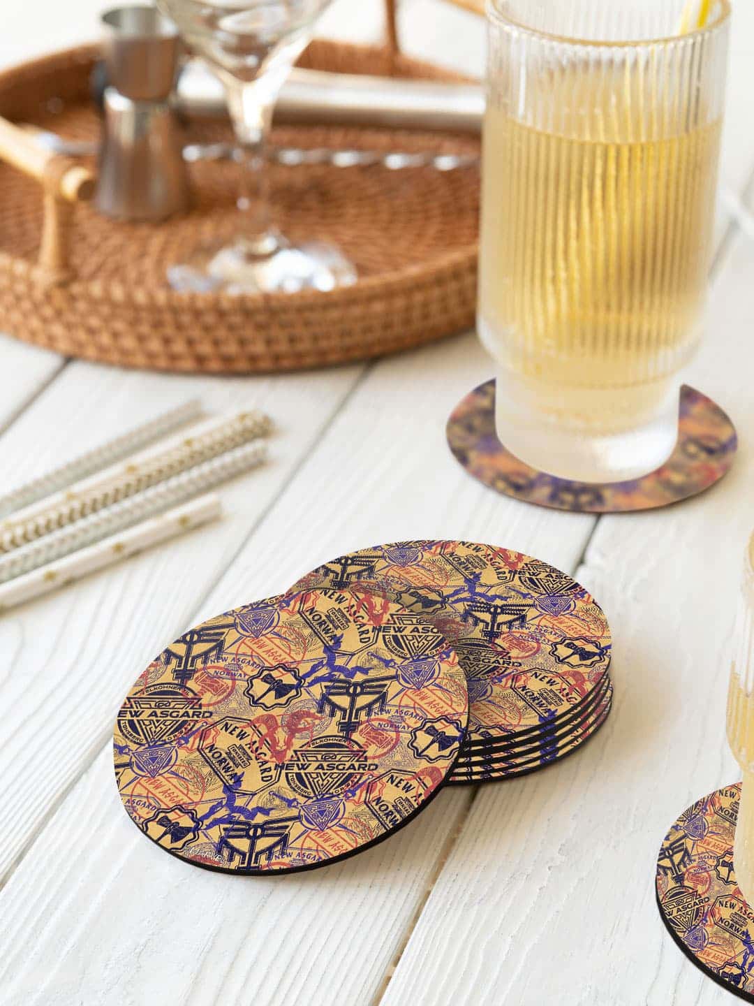 

macmerise Yellow & Black 6 Pieces New Asgard Stamps Printed Circle Coasters