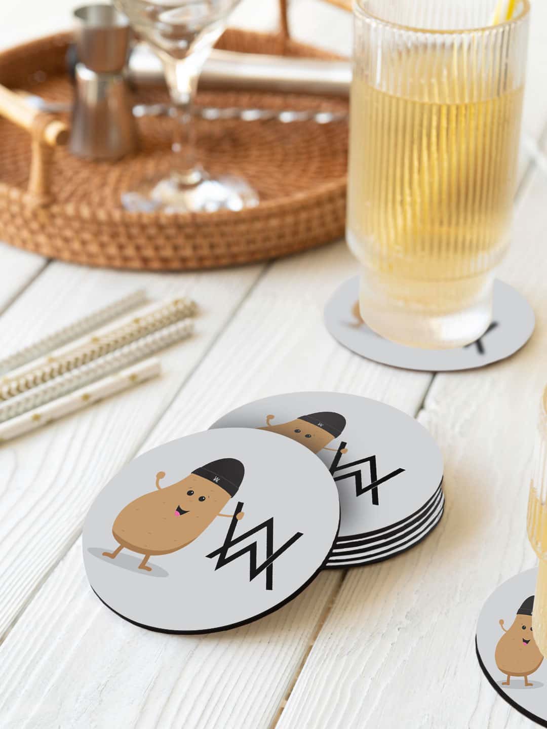 

macmerise White & Brown 6 Pieces Alan Walker Potato Printed Circle Coasters