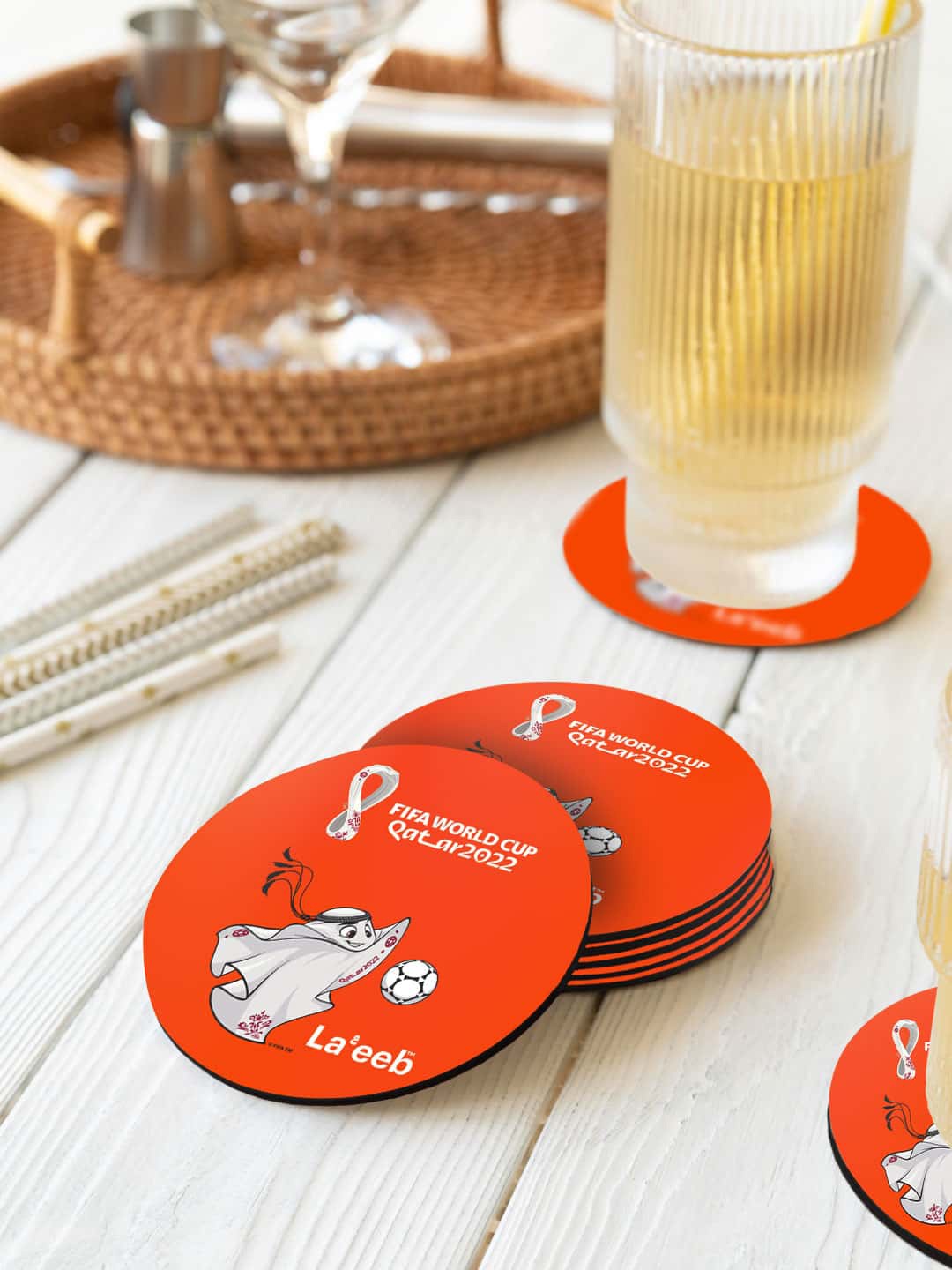 

macmerise Red & White 6 Pieces FIFA Mascot Printed Circle Coasters