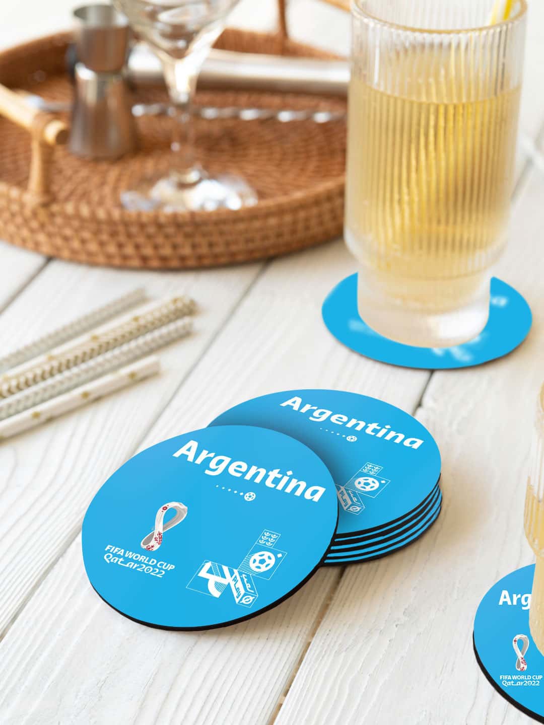 

macmerise Blue & White 6 Pieces FIFA Argentina Printed Circle Coasters