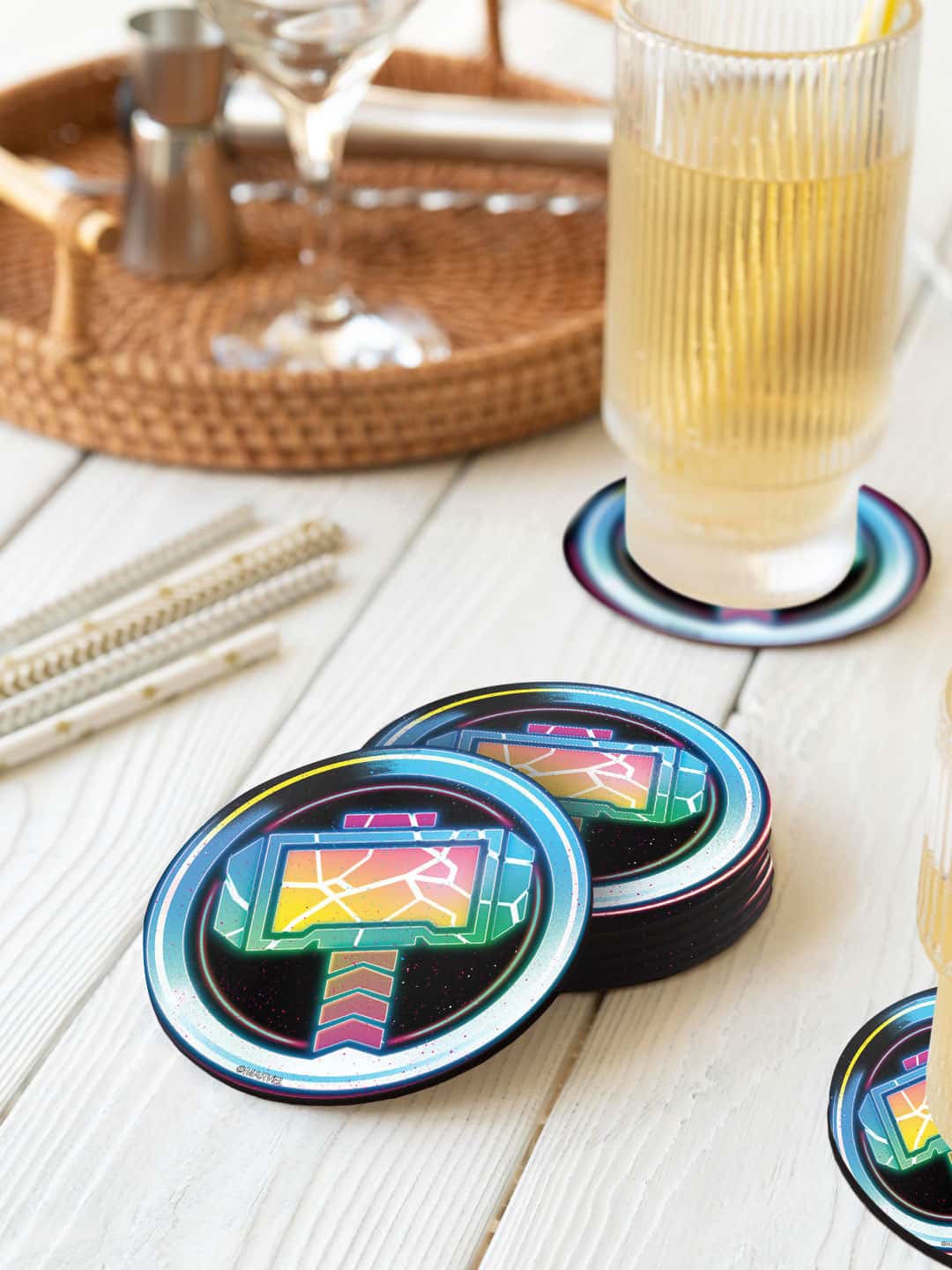 

macmerise Blue & Black 6 Pieces Bifrost Mjolnir Printed Circle Coasters