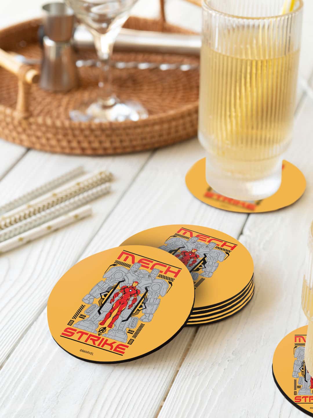 

macmerise Yellow & Grey 6 Pieces Iron Man Mech Strike Printed Circle Coasters
