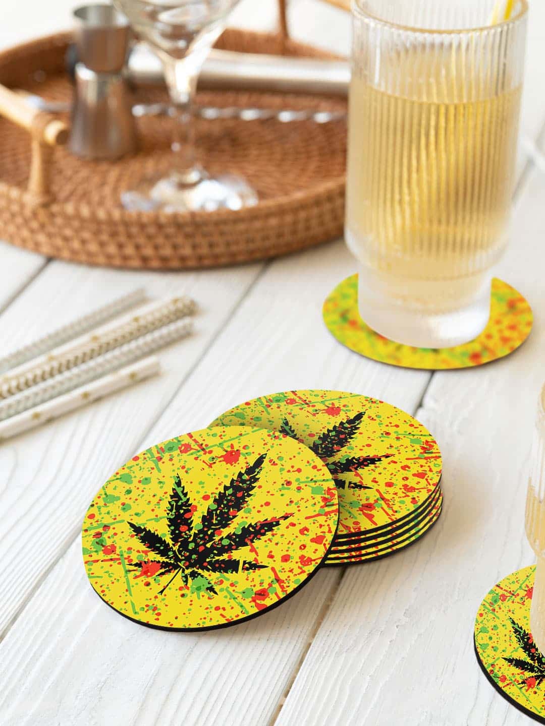 

macmerise Yellow & Black 6 Pieces Rasta Splash Printed Circle Coasters