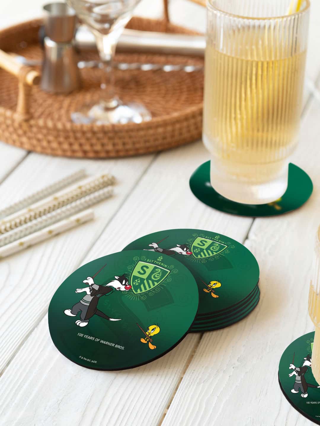 

macmerise Green & Black 6 Pieces Looney Slytherin Printed Circle Coasters