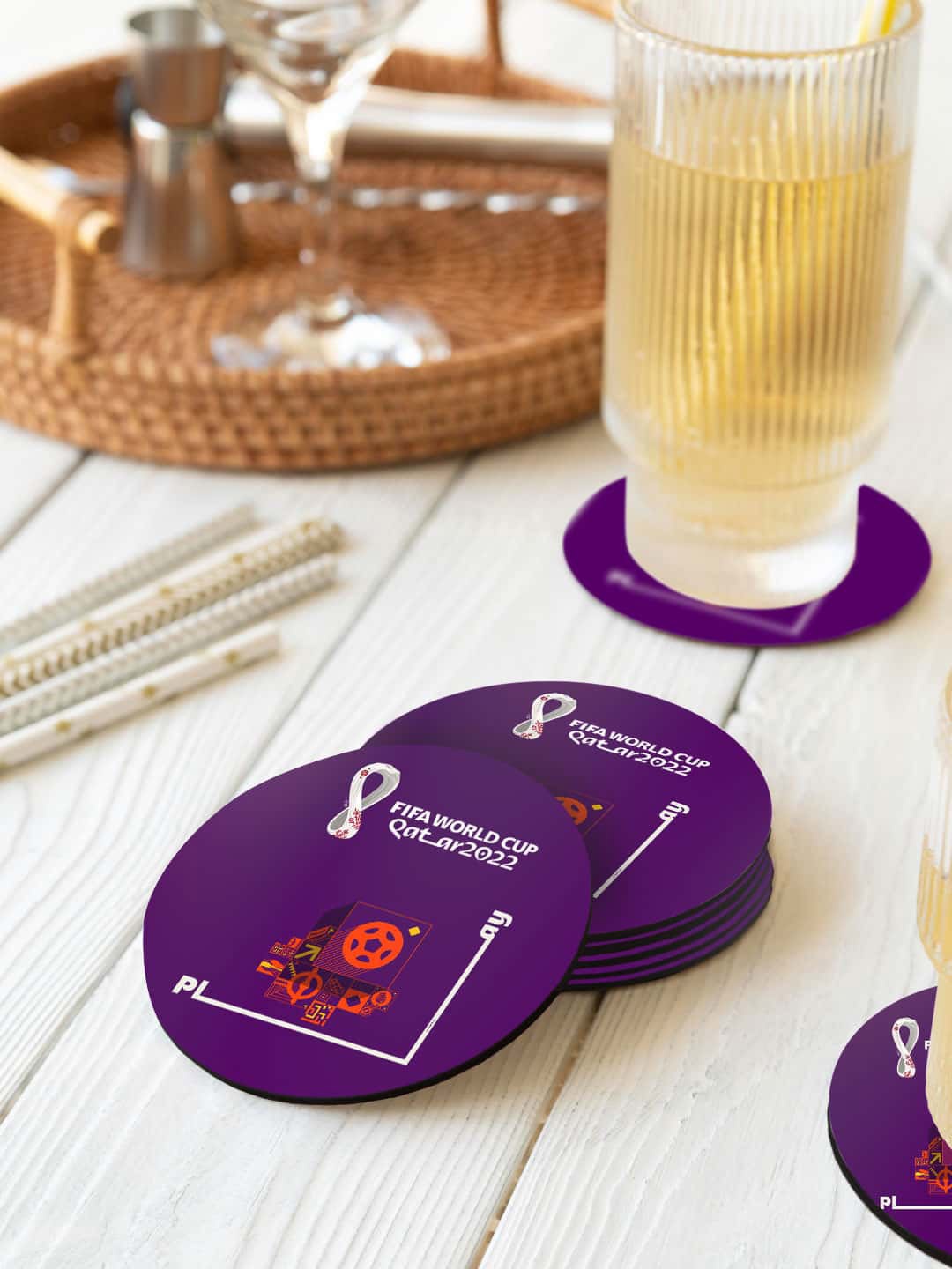 

macmerise Purple & Red 6 Pieces FIFA World Cup Qatar Printed Circle Coasters
