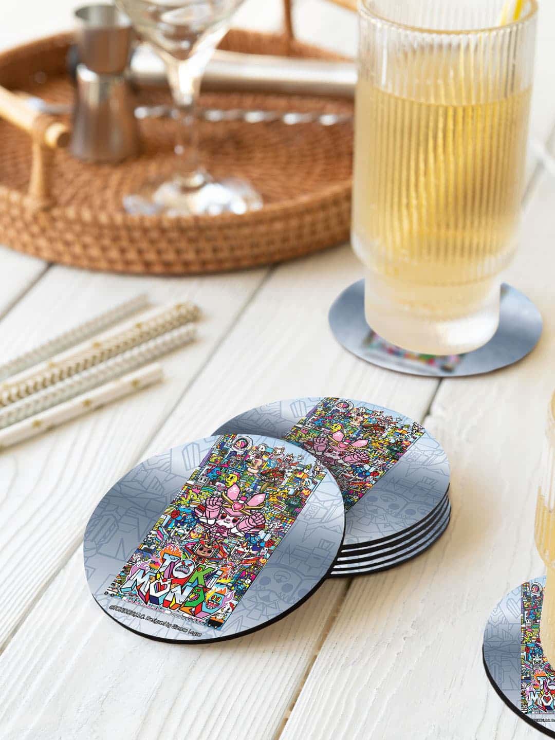 

macmerise Blue & Pink 6 Pieces TD Tokimondo Printed Circle Coasters