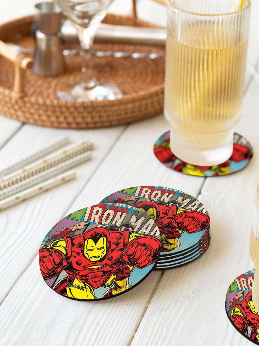 

macmerise Red & Blue 6 Pieces Comic Iron Man Printed Circle Coasters