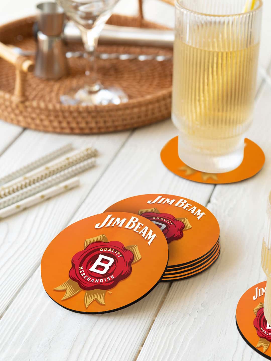 

macmerise Orange-Color & White 6-Pieces Jim Beam Printed Circle Coasters