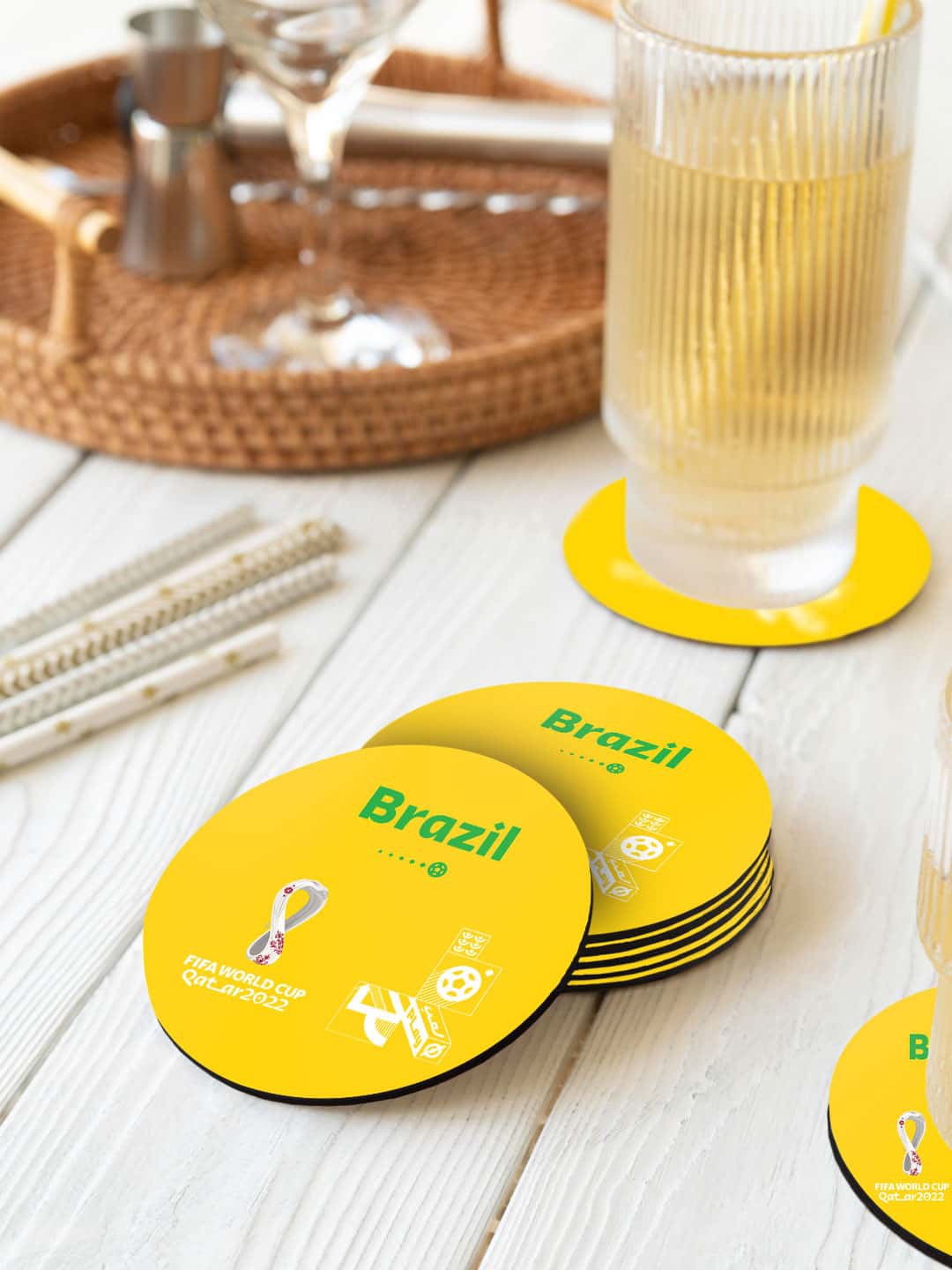 

macmerise Yellow & White 6 Pieces FIFA Brazil Printed Circle Coasters