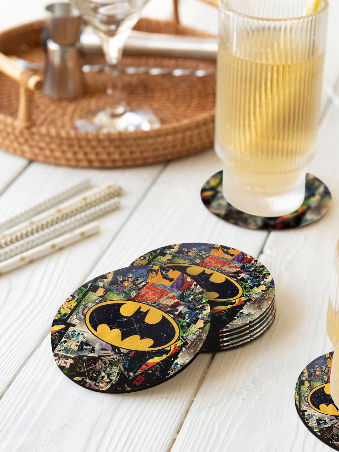 

macmerise DC Comics Black & Yellow 6 Pieces Comic Bat Printed Circle Coasters