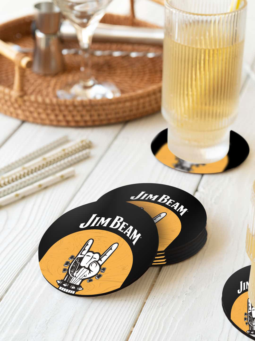 

macmerise Black & Yellow 6 Pieces Jim Beam Rock Swag Printed Circle Coasters