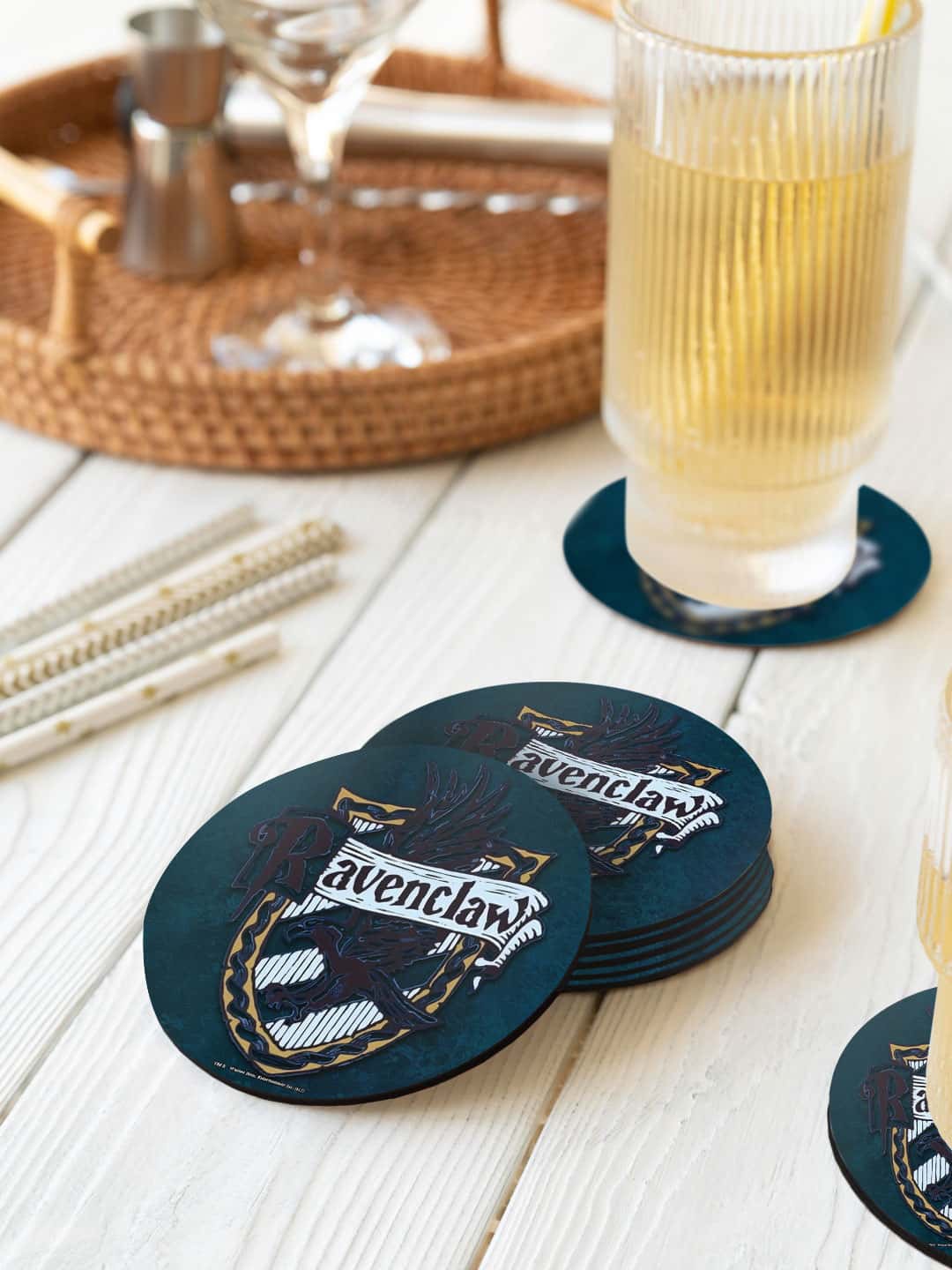 

macmerise Teal Green & Black 6 Pieces Crest Ravenclaw Printed Circle Coasters