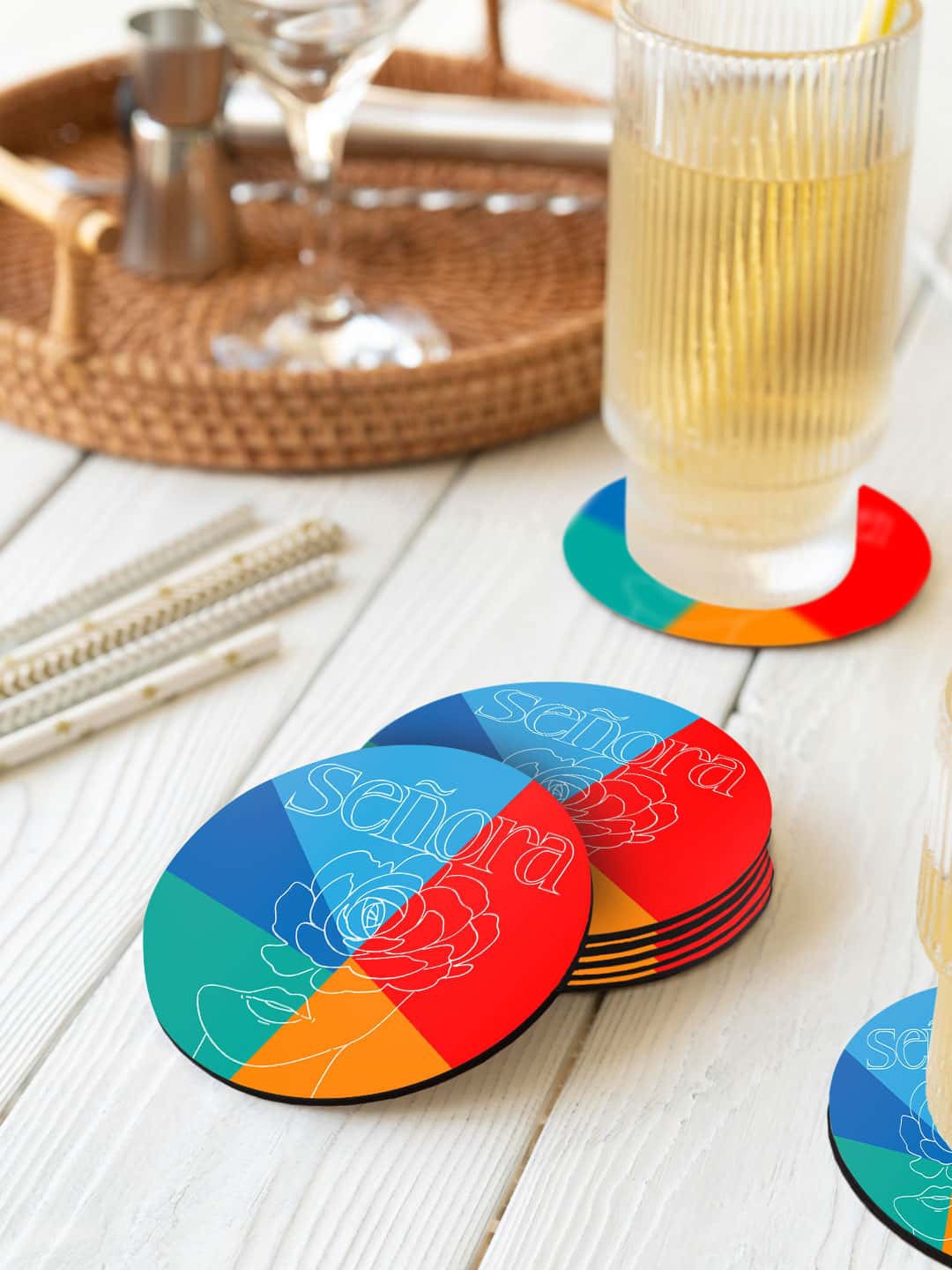 

macmerise Blue & Red 6 Pieces Senora Printed Circle Coasters