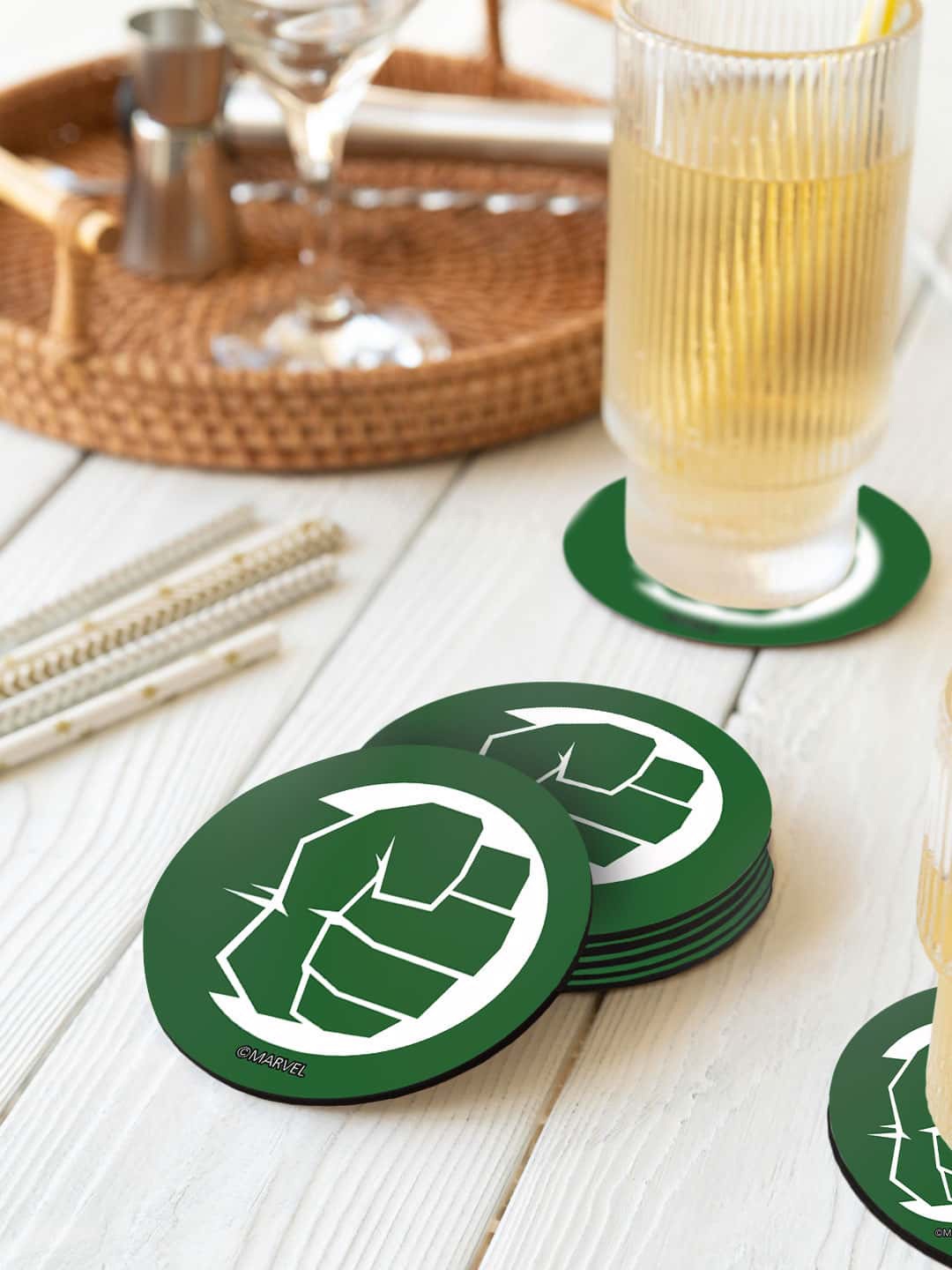 

macmerise Green & White 6 Pieces Hulk Fist Punch Printed Circle Coasters