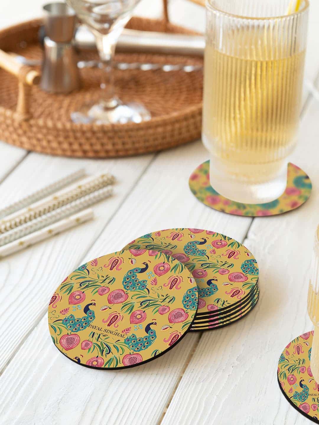 

macmerise Mustard Yellow 6 Pieces Payal Singhal Anaar and Mor Printed Circle Coasters