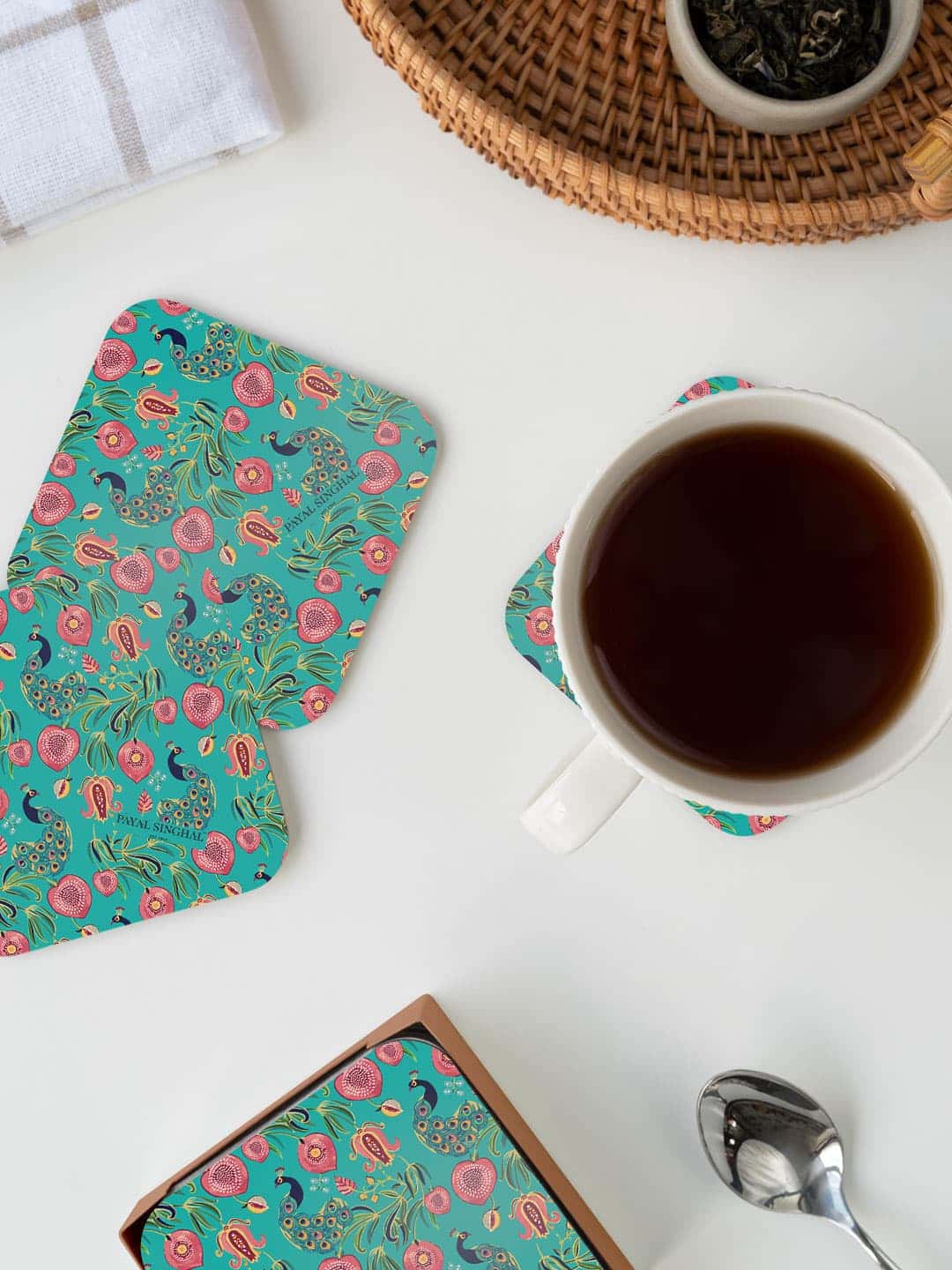 

macmerise Teal Blue & Pink Payal Singhal Anaar & Mor Printed Square Coaster