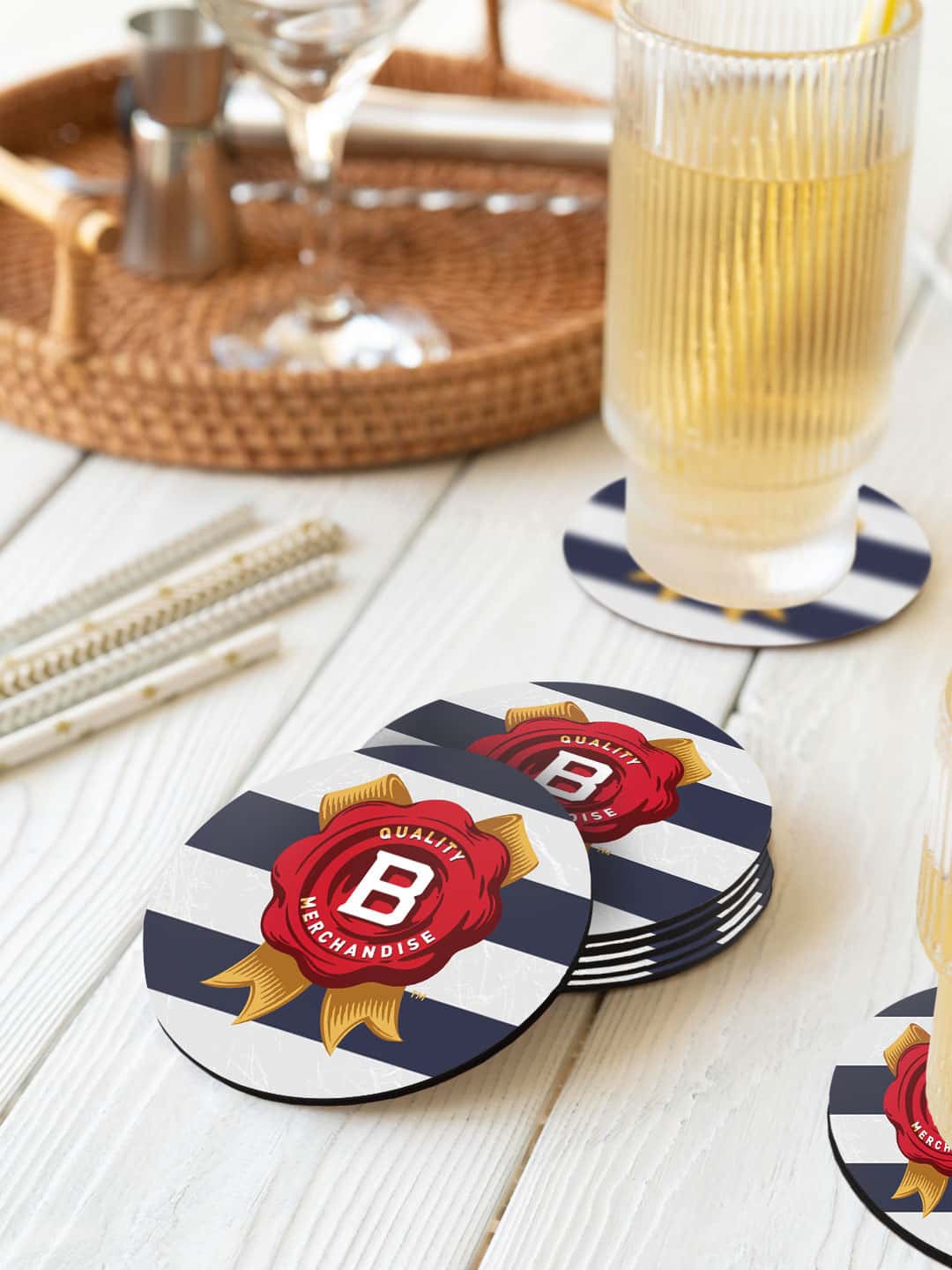 

macmerise Jim Beam White & Red 6 Pieces Cabana Stripes Printed Circle Coasters