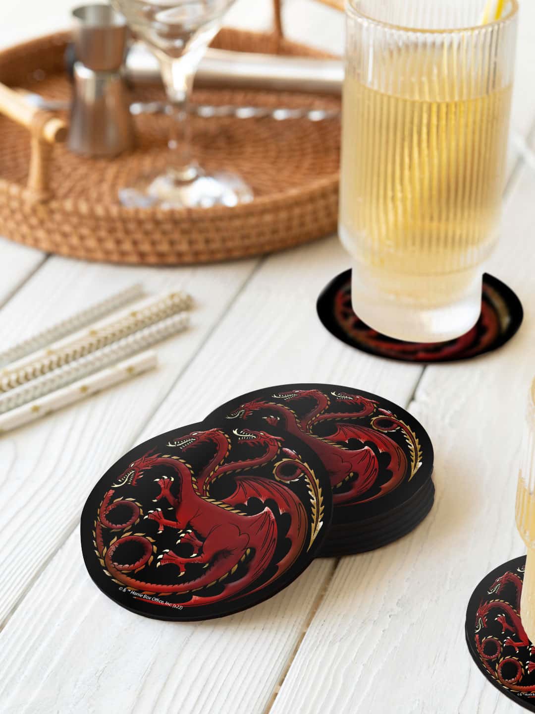 

macmerise House Of The Dragon 6-Pcs Black & Red Dragon Sigil Printed Circle Coasters