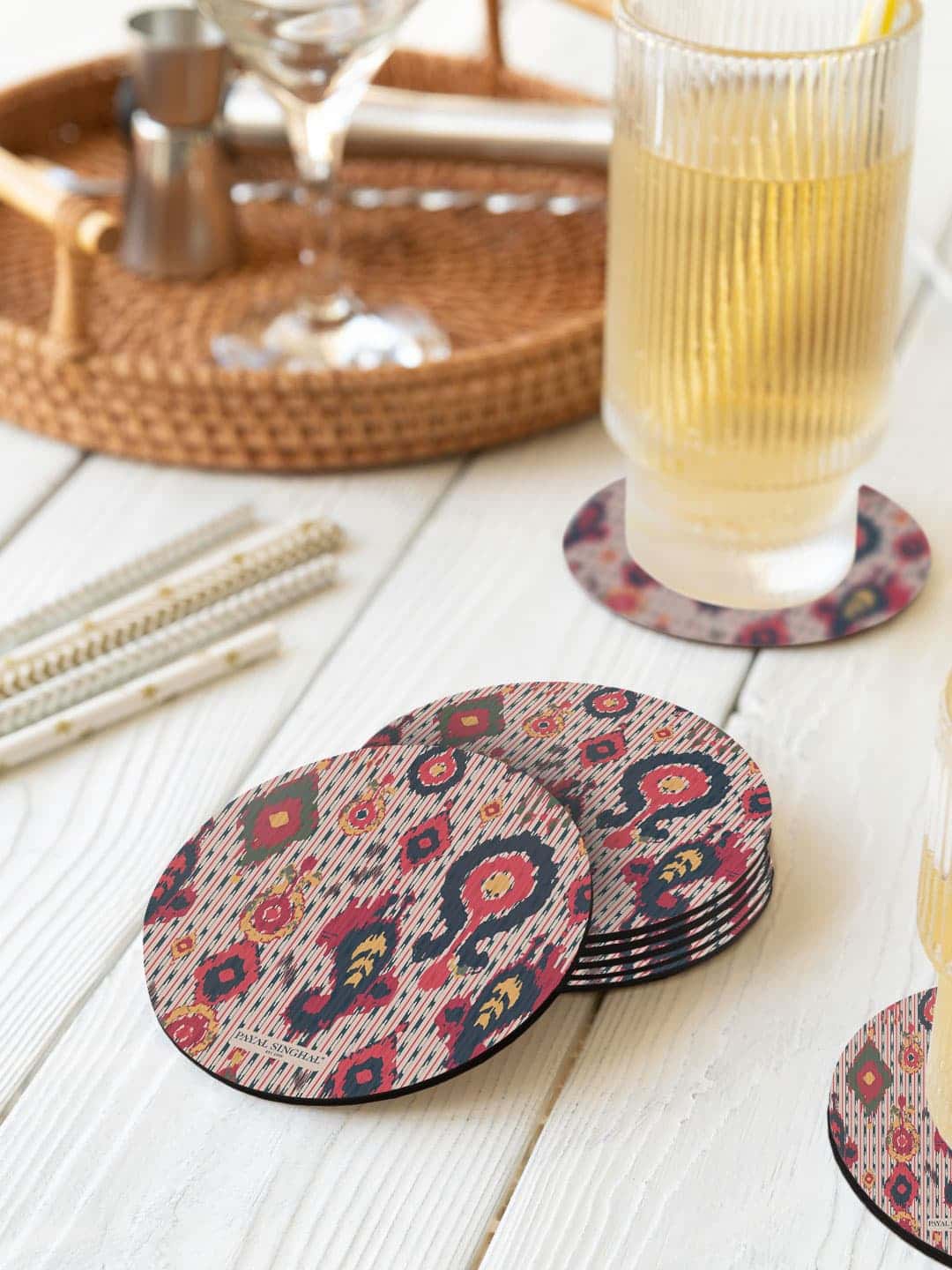 

macmerise Cream-color & Pink 6 Pieces Payal Singhal Ikat Tribe Big Printed Circle Coasters