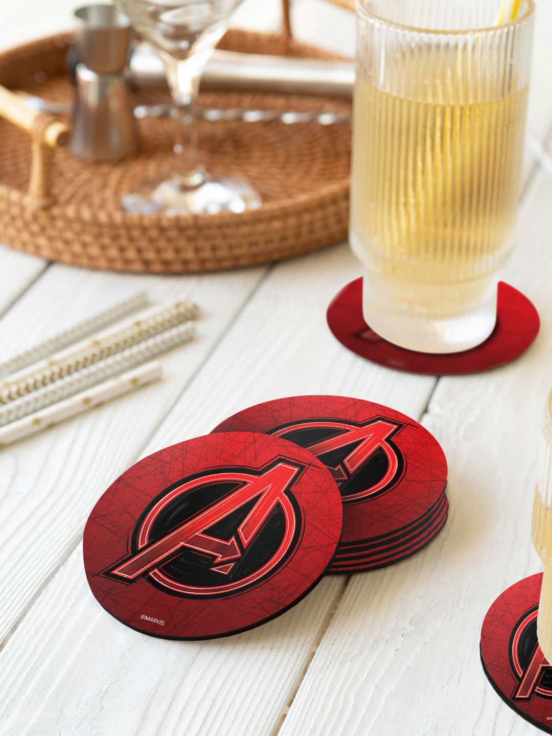 

macmerise Red & Black 6 Pieces Avengers Sketch Logo Printed Circle Coasters