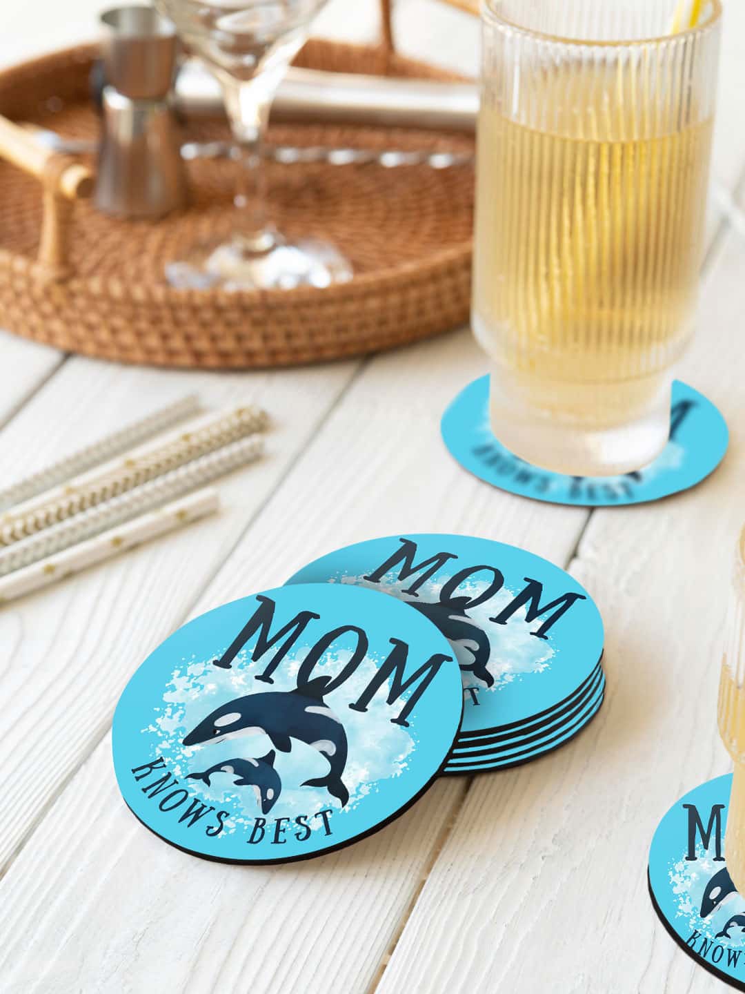 

macmerise Blue & Black 6 Pieces Mom Knows Best Printed Circle Coasters