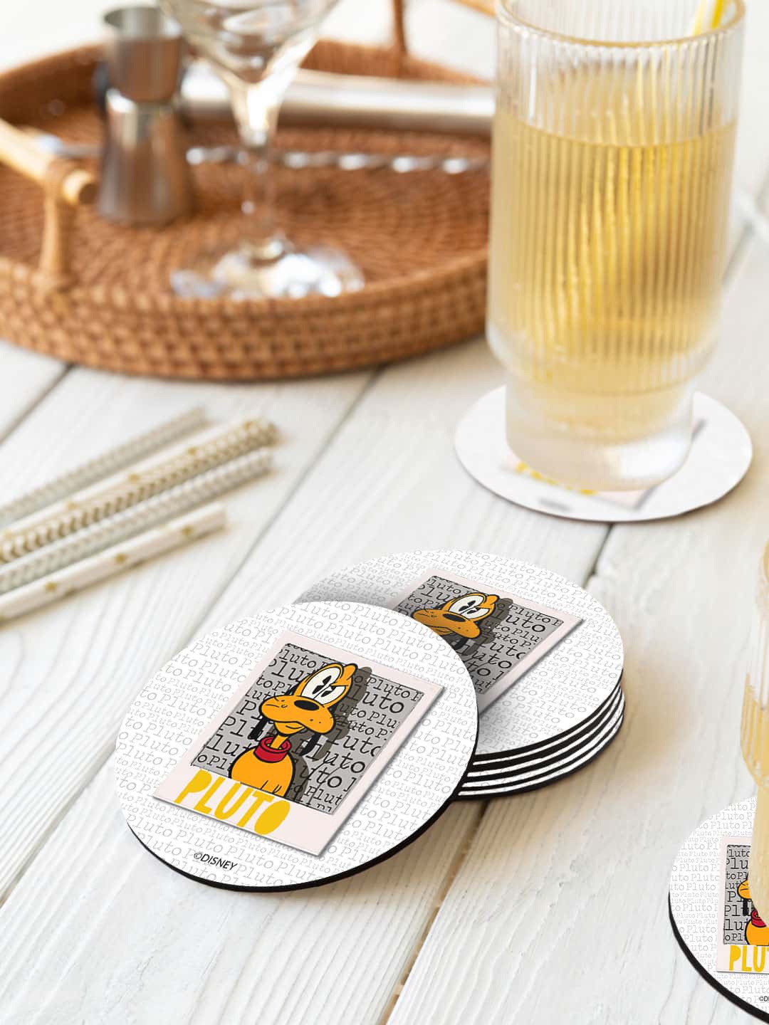 

macmerise White & Grey 6 Pieces Hello Mr Pluto Printed Circle Coasters