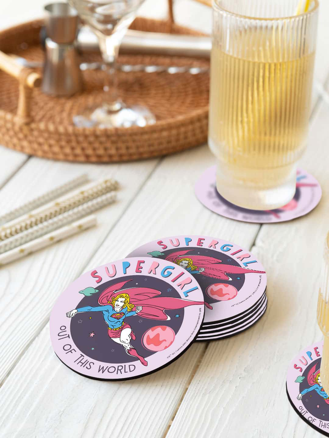 

macmerise Pink & Blue 6 Pieces Supergirl Out of This World Printed Circle Coasters