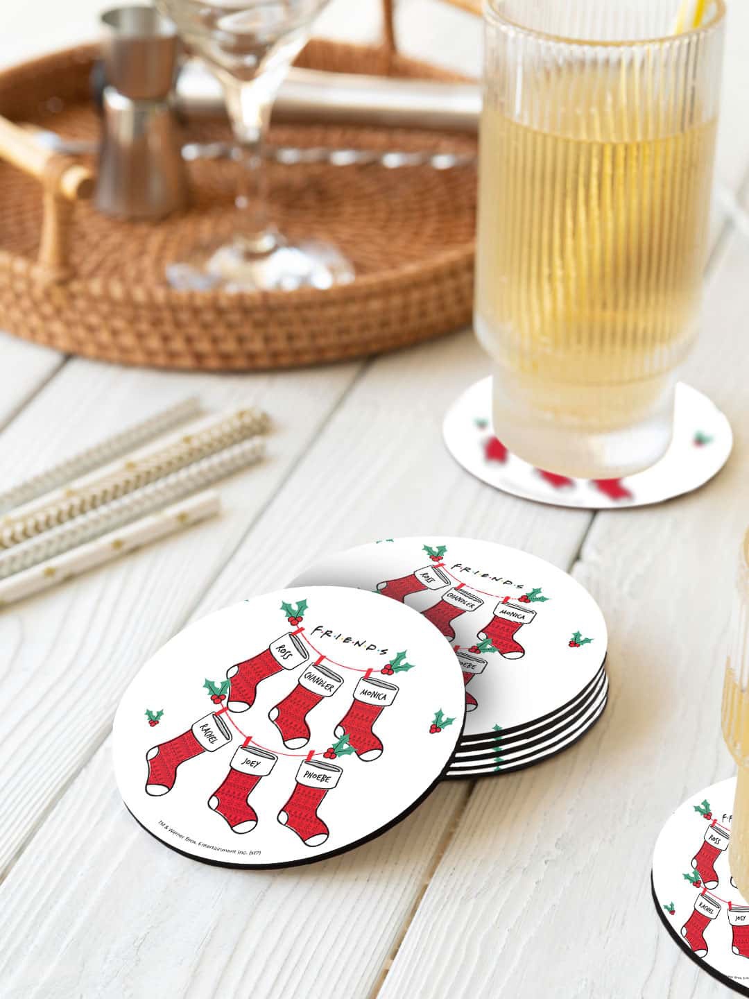 

macmerise White & Red 6 Pieces Friends Socks Printed Circle Coasters