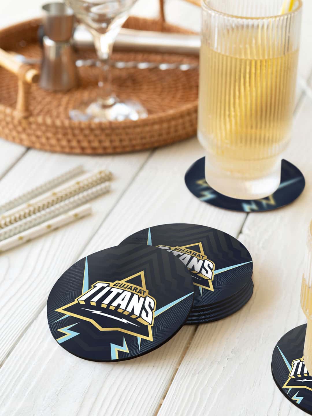 

macmerise Blue & White 6 Pieces Gujarat Titans Thunder Printed Circle Coasters