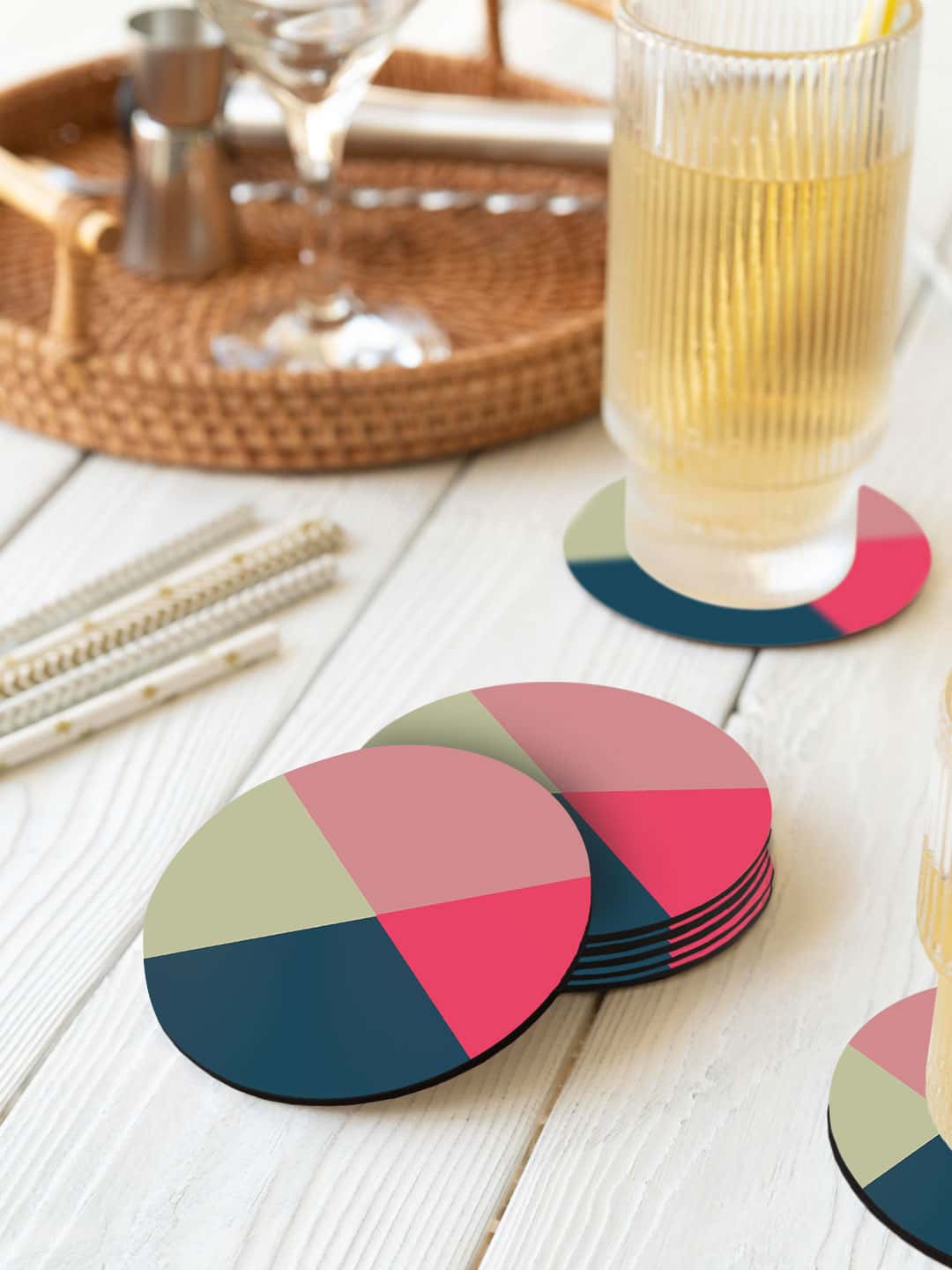 

macmerise Pink & Blue 6 Pieces Criss Cross Printed Circle Coasters, Teal