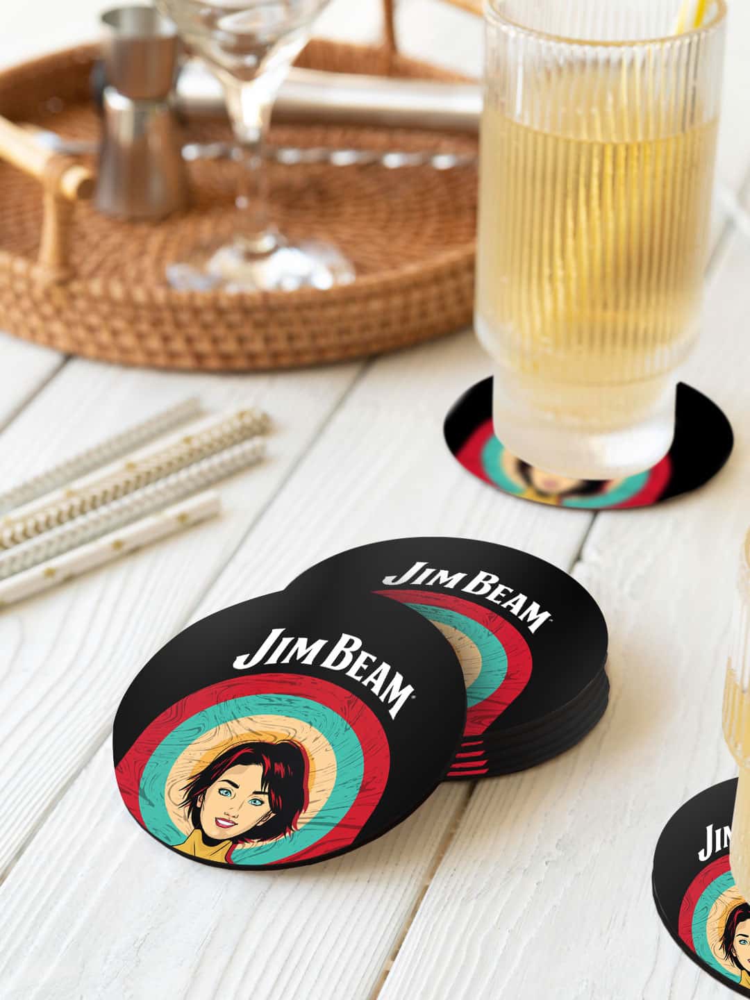 

macmerise Black & Red 6 Pieces Jim Beam Character Printed Circle Coasters