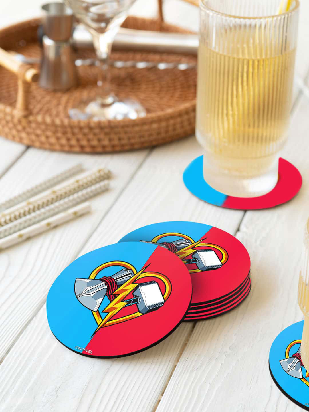 

macmerise Blue & Red 6 Pieces Love & Thunder Printed Circle Coasters