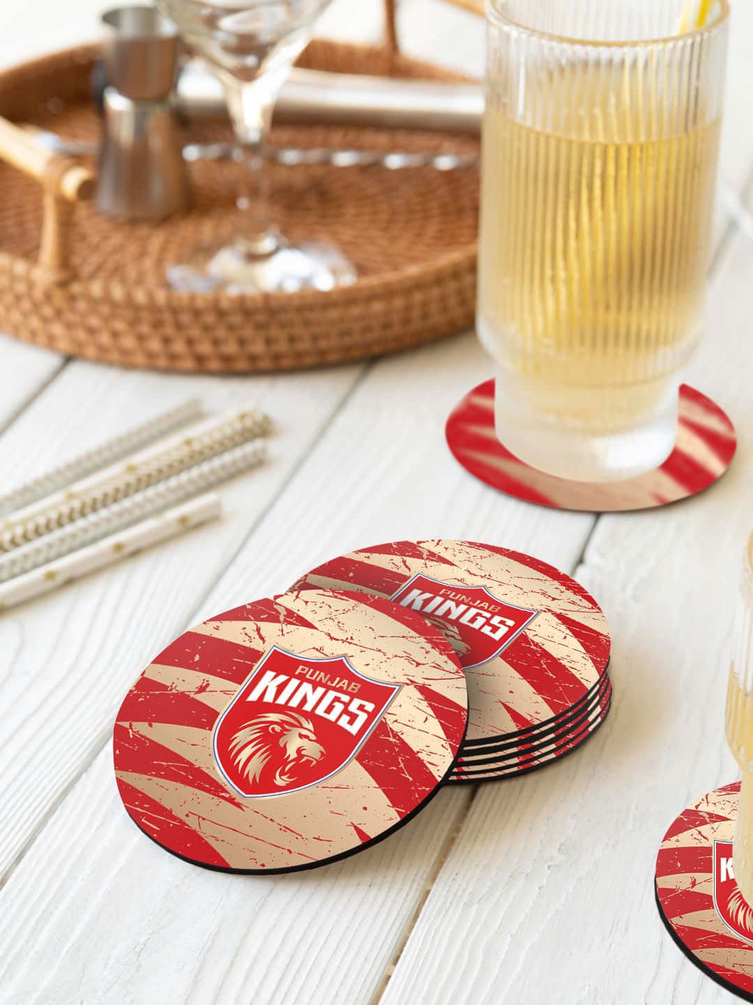 

macmerise Beige & Red 6-Pieces Punjab Kings Claws Printed Circle Coasters