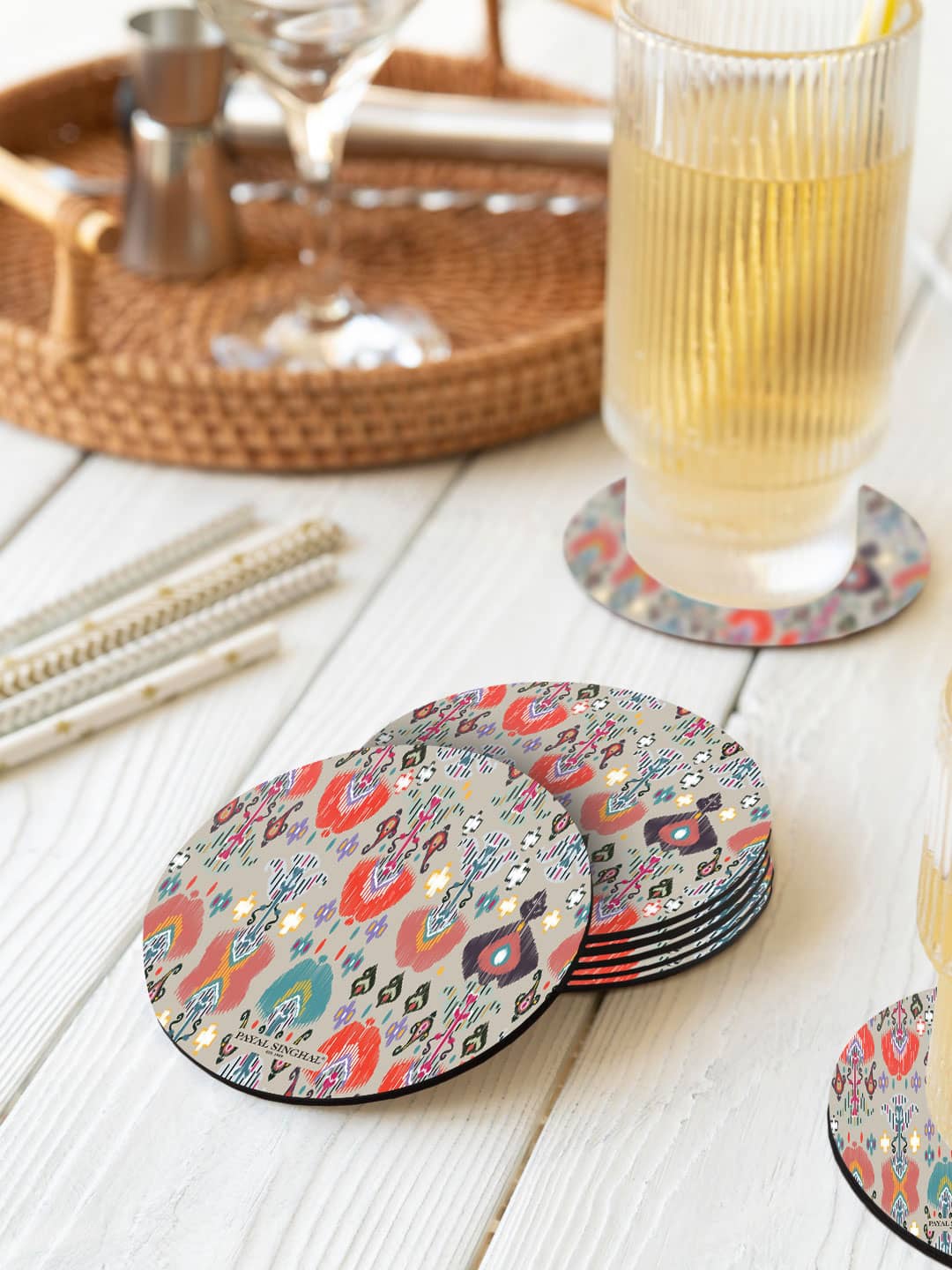 

macmerise Grey & Red 6-Pieces Payal Singhal Ikat Garden Stone Printed Circle Coasters