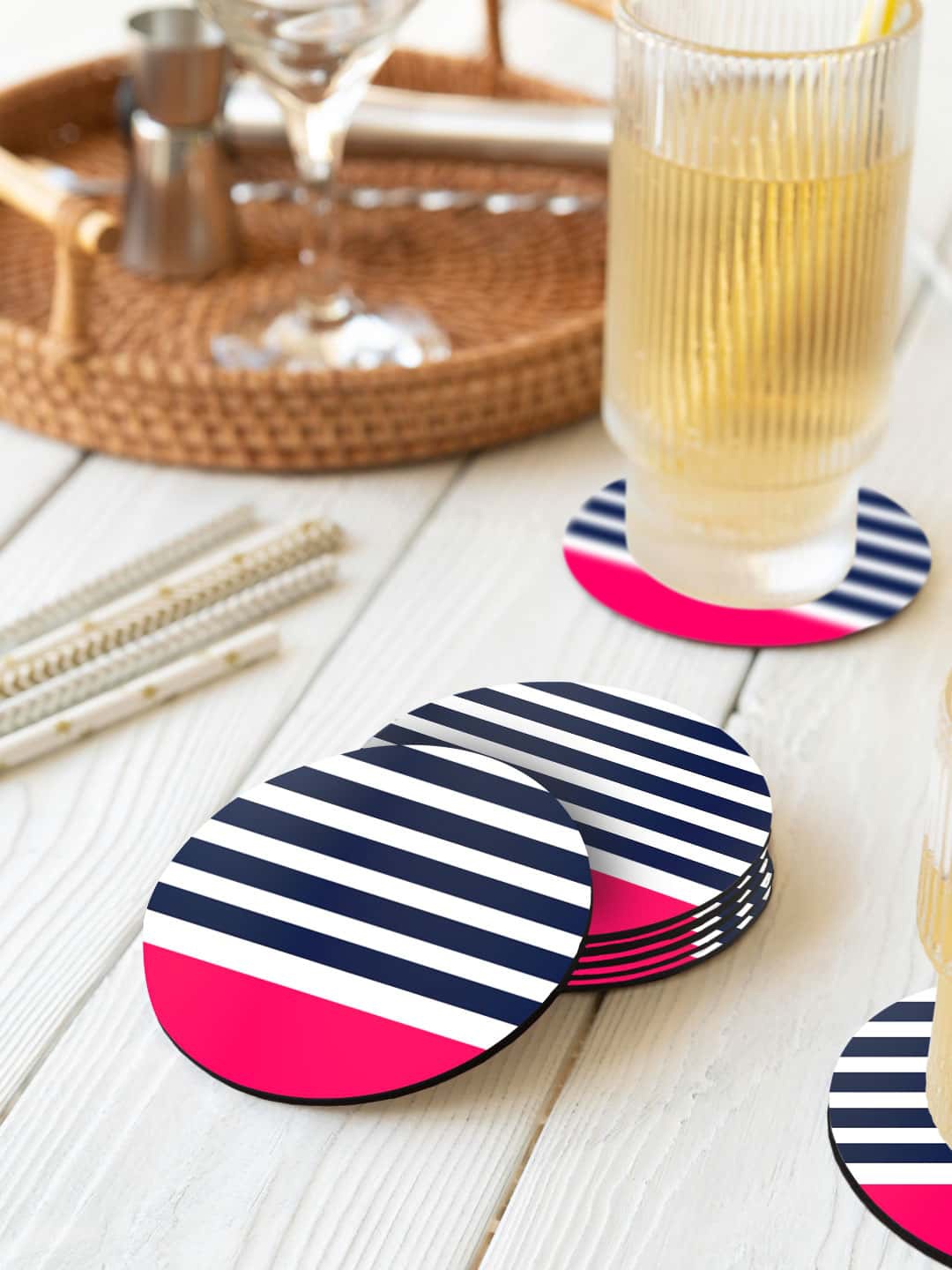 

macmerise White & Coral 6 Pieces Pink Simply Stripes Printed Circle Coasters