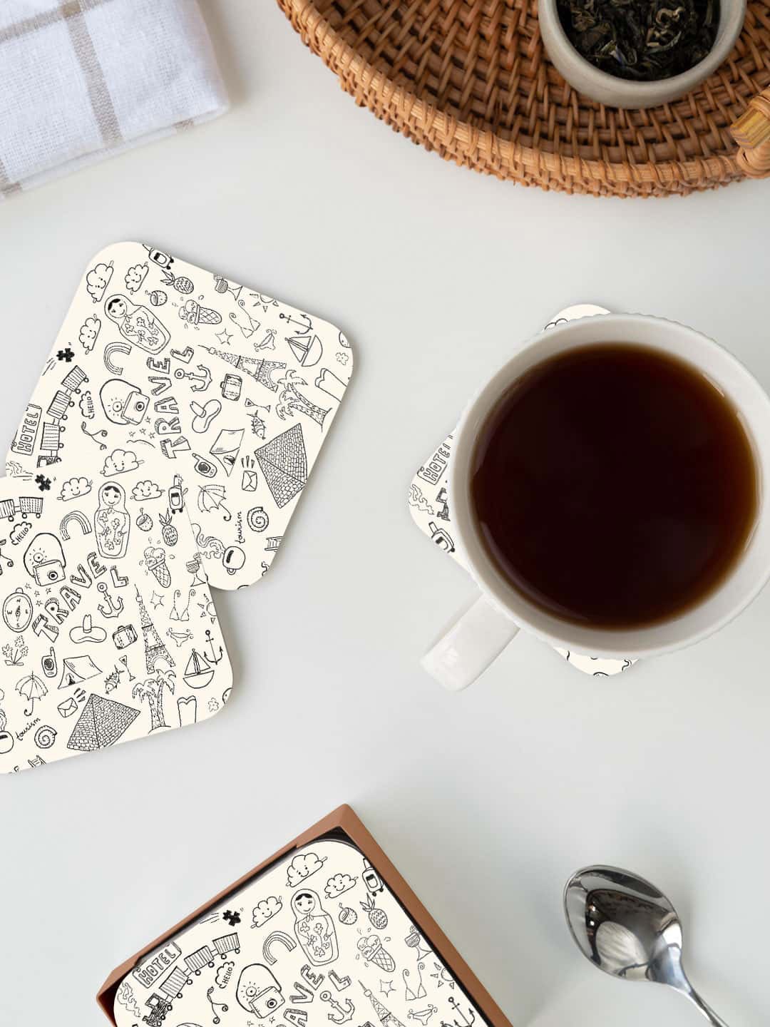 

macmerise White & Black Travel Doodle Printed Square Coaster