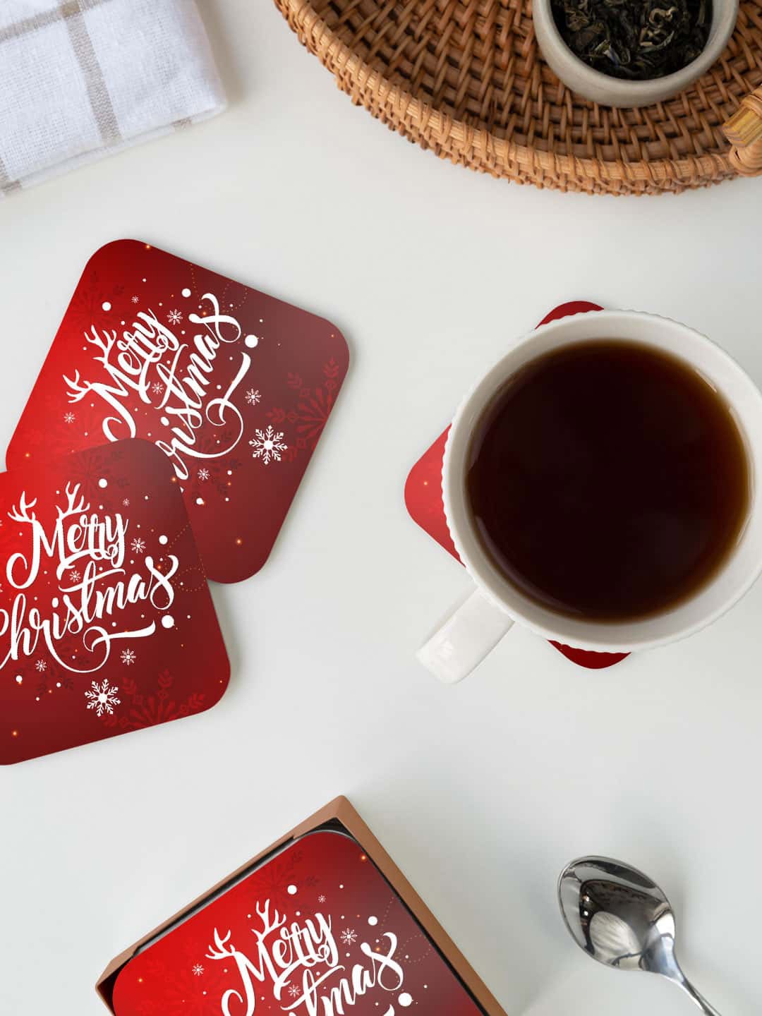 

macmerise Red & White Merry Christmas Printed Square Coaster