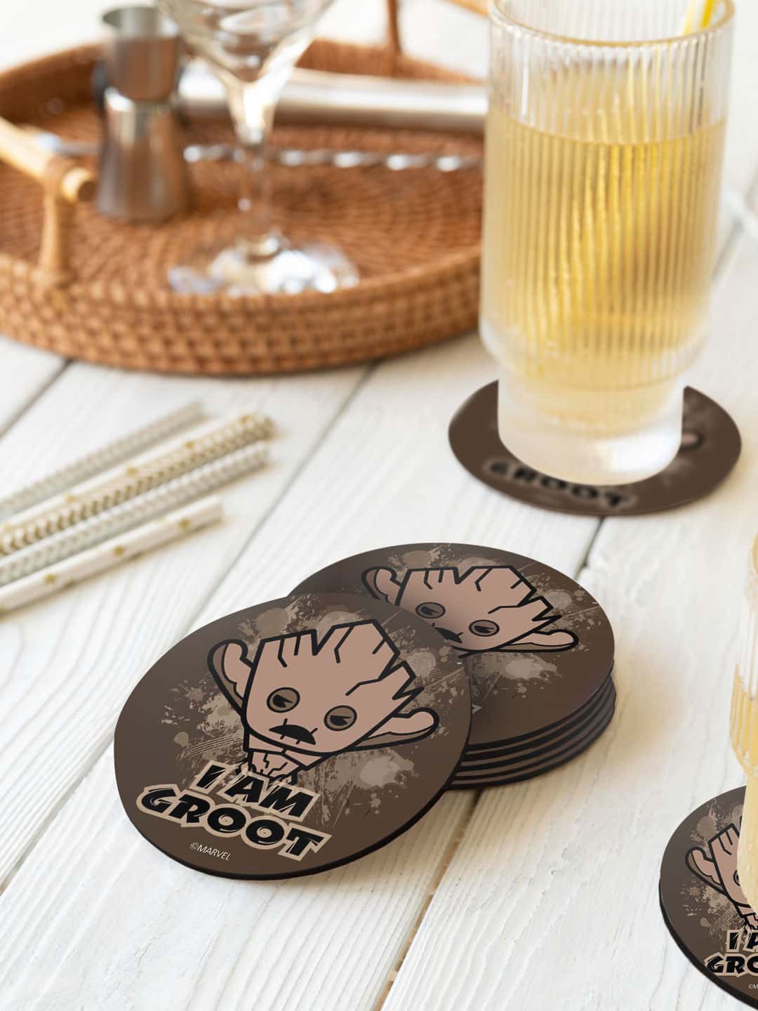 

macmerise Brown & Beige 6 Pieces Kawaii Groot Printed Circle Coasters