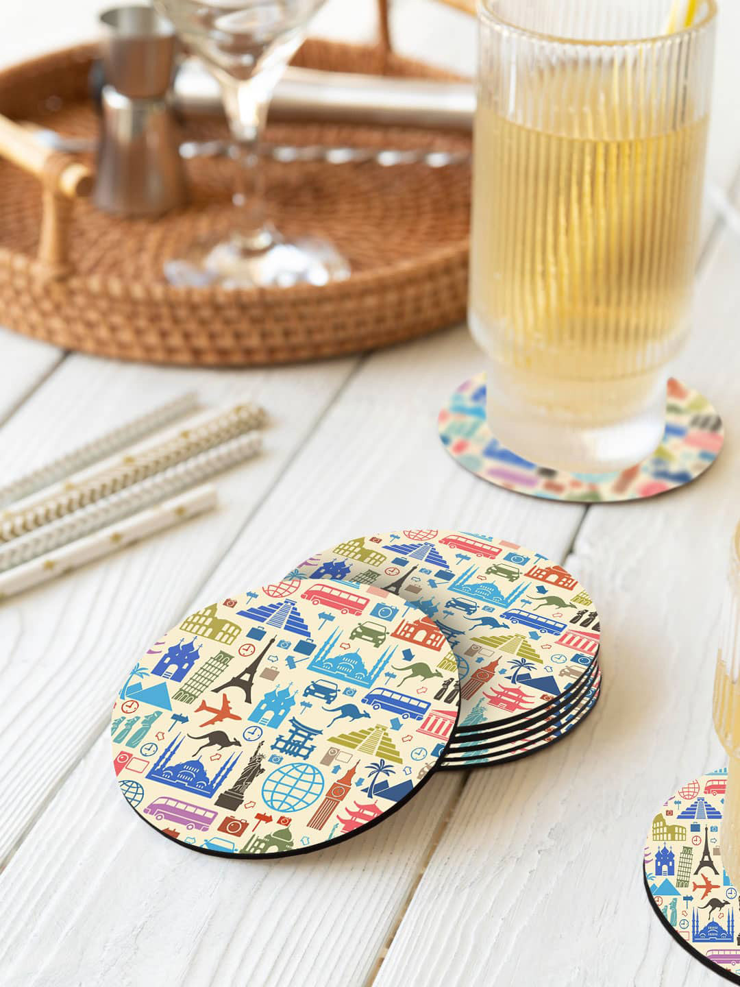 

macmerise Cream-color & Blue 6 Pieces Travel Lover Printed Circle Coasters