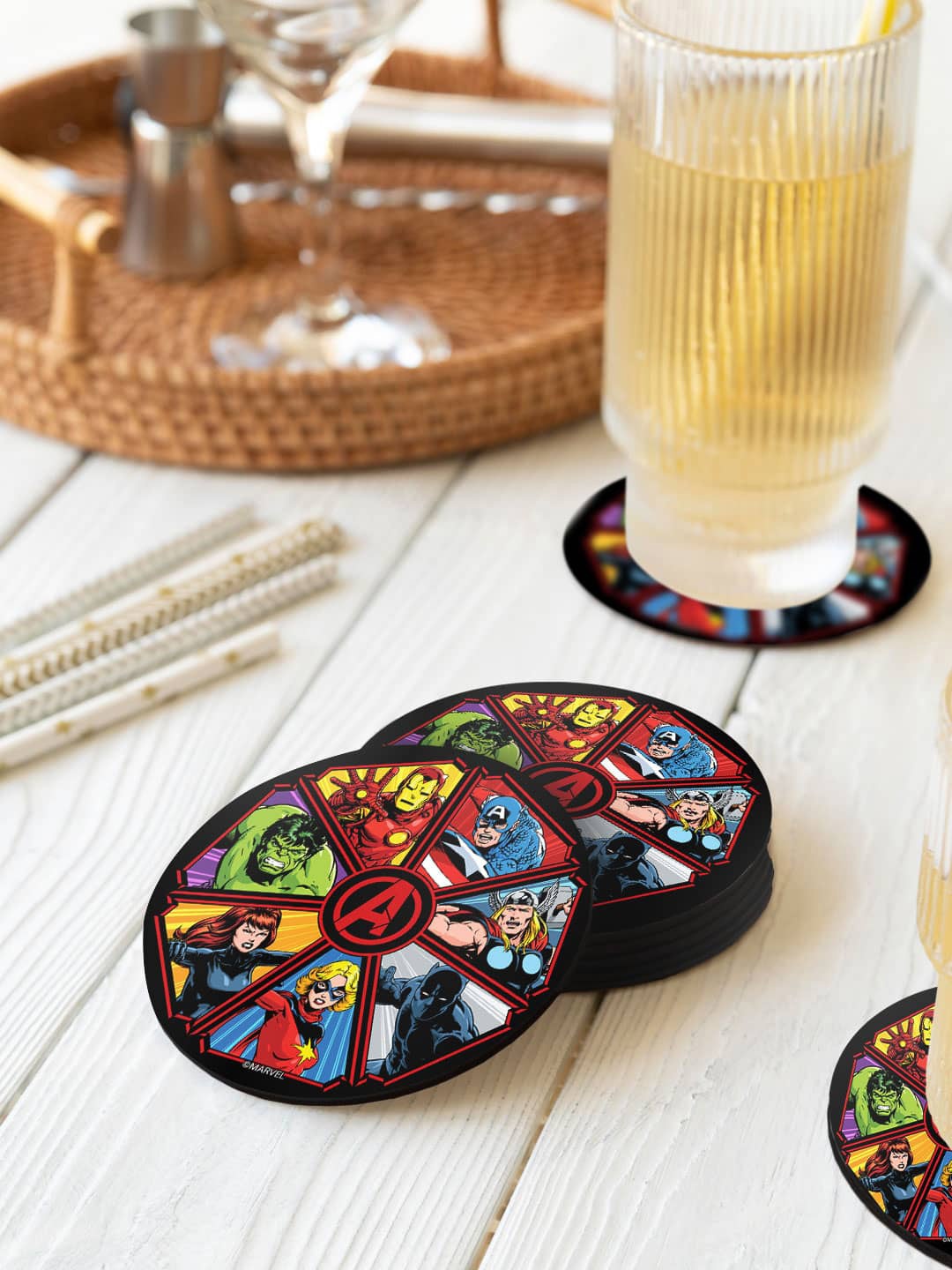 

macmerise Black & Red 6 Pieces Avengers Squad Printed Circle Coasters
