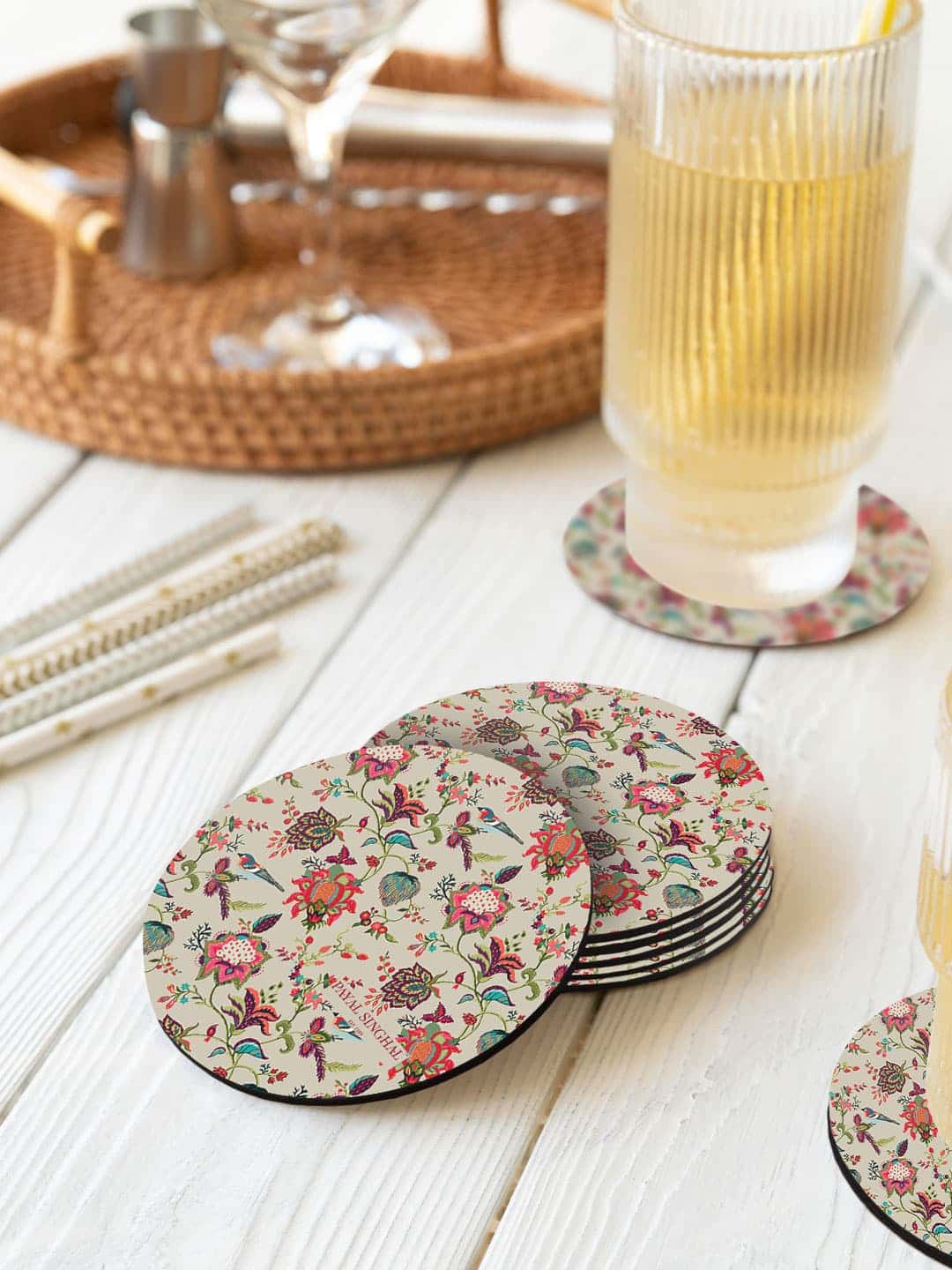 

macmerise Beige & Green 6 Pieces Payal Singhal Chidiya Printed Circle Coasters