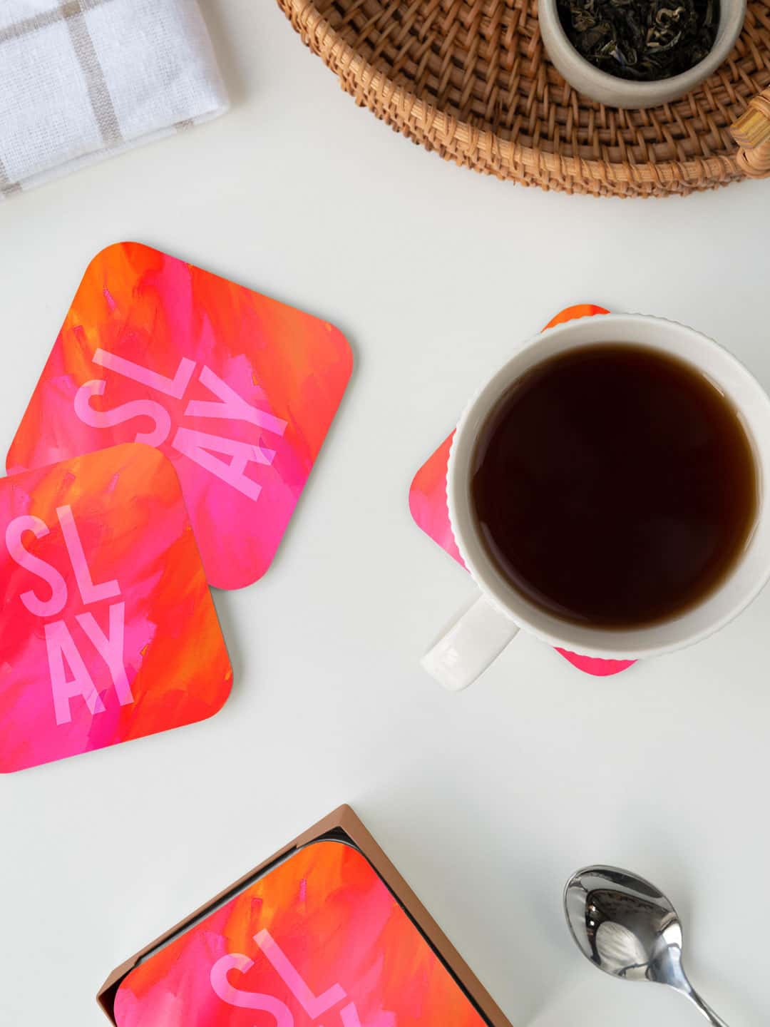 

macmerise Pink & Orange-color Printed Square Coaster