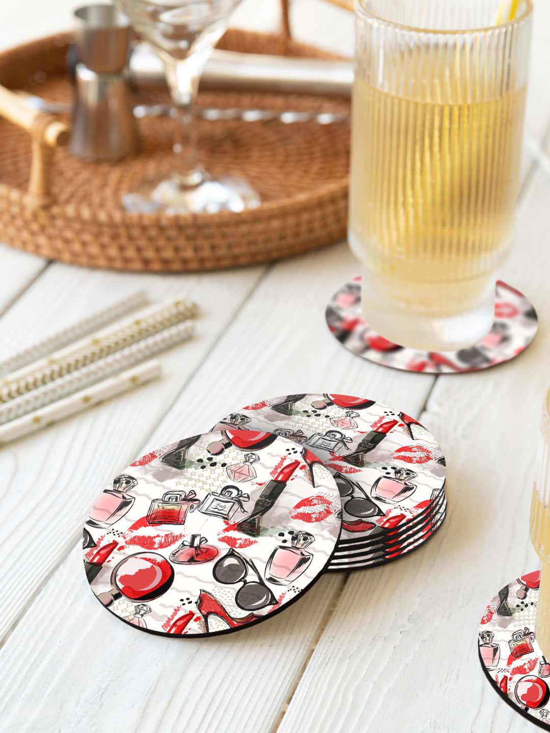 

macmerise White & Red 6 Pieces Fashionista Essentials Printed Circle Coasters