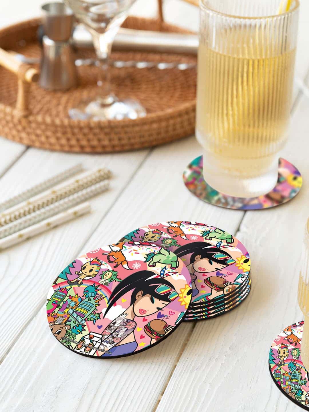 

macmerise Toki Doki Pink & Green 6 Pieces TD Wallpaper Printed Circle Coasters