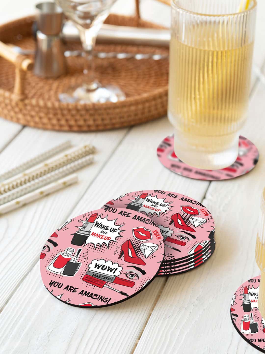 

macmerise Illustrations Pink & Red 6 Pieces Wake Up And Makeup Printed Circle Coasters