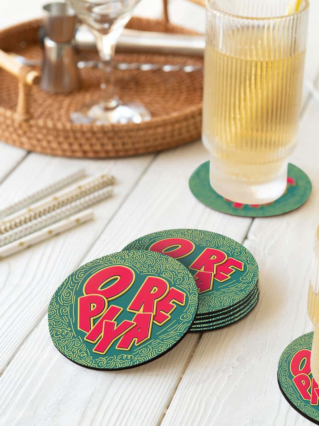 

macmerise Creator Brands Green & Red 6 Pieces SM O Re Piya Printed Circle Coasters