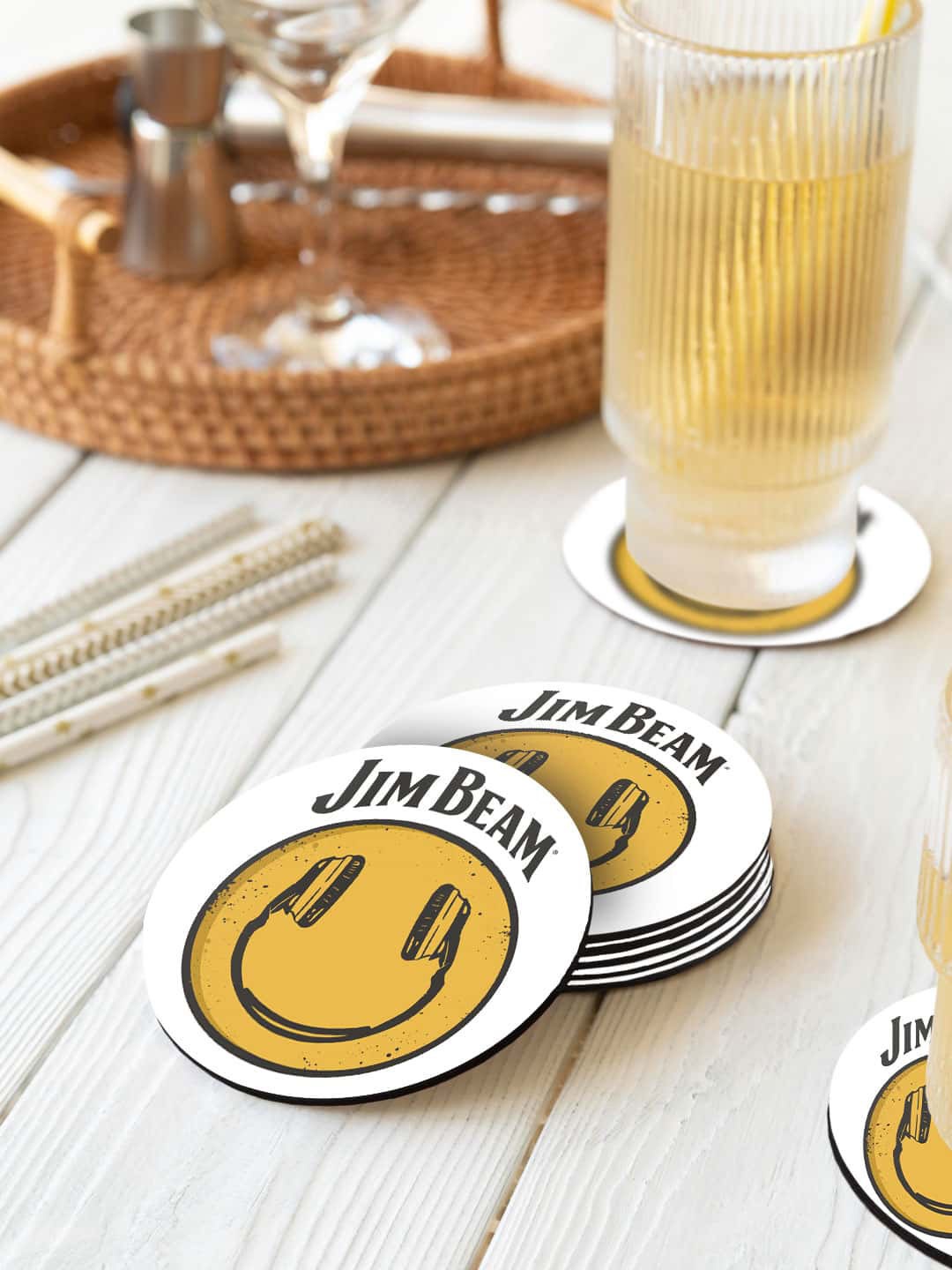 

macmerise Jim Beam White & Yellow 6 Pieces Smiley Printed Circle Coasters
