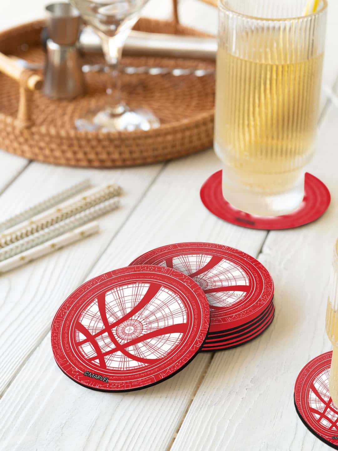 

macmerise Red & White 6-Pieces Window Of The Worlds Printed Circle Coasters