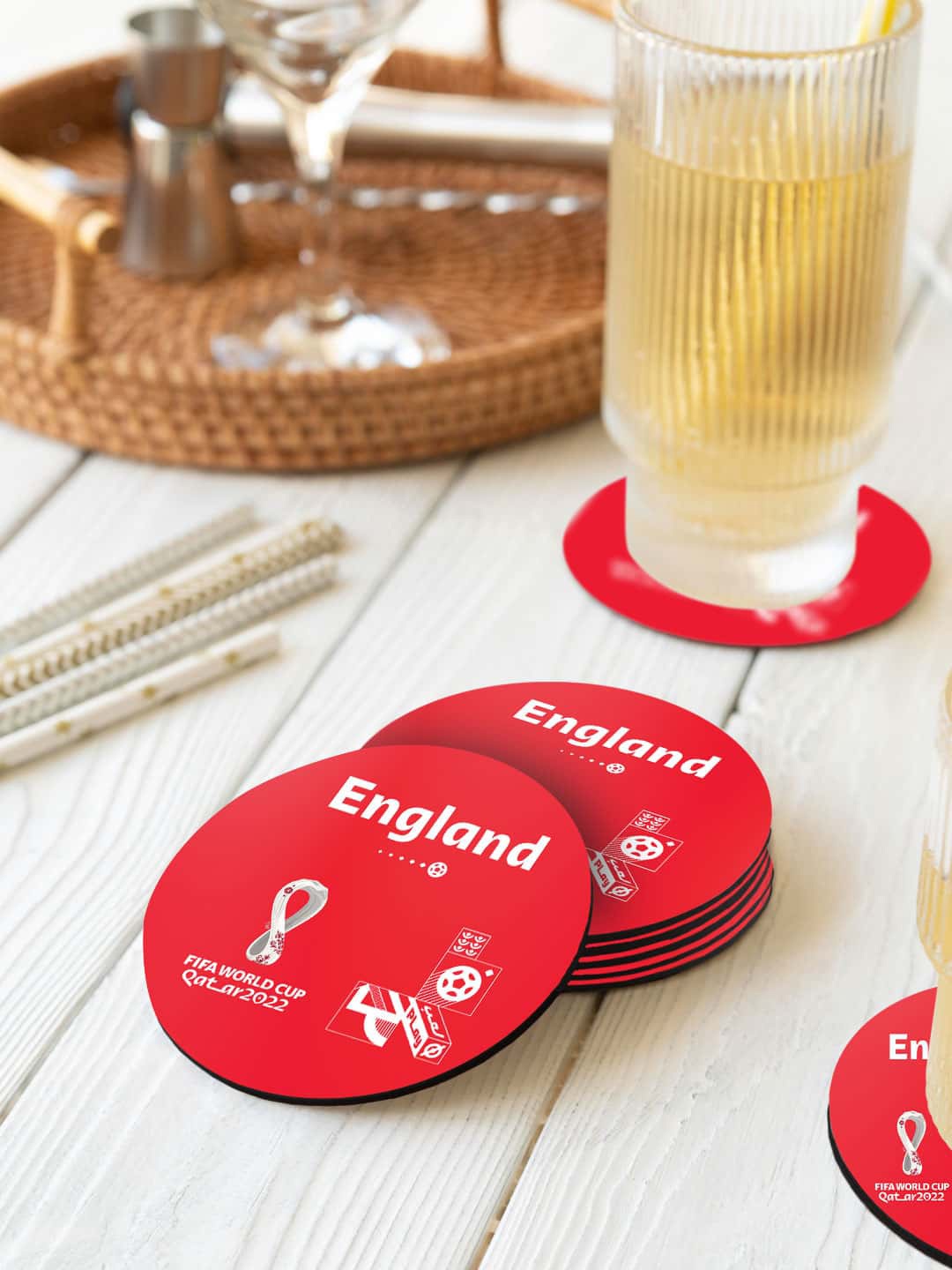 

macmerise Red & White 6-Pieces FIFA England Printed Circle Coasters