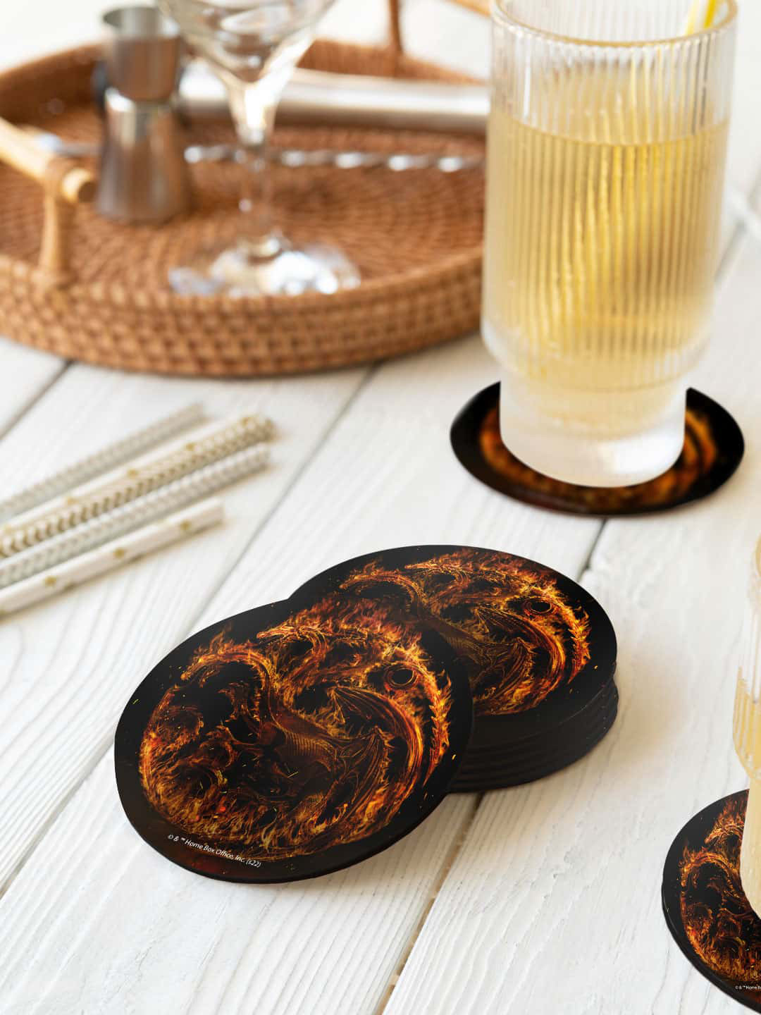 

macmerise Black & Brown 6-Pieces Targaryen Sigil Fire Circle Coasters
